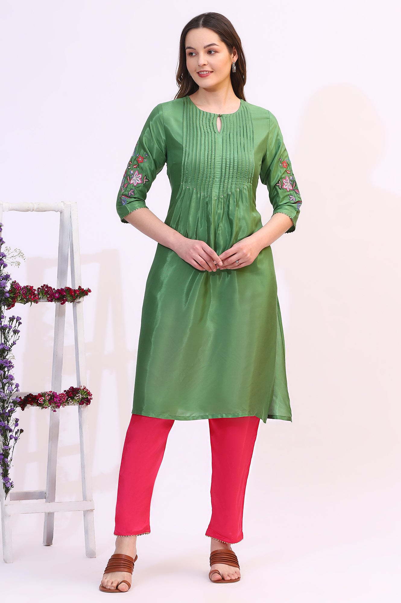 Green Embroidered Shantung Straight Kurta