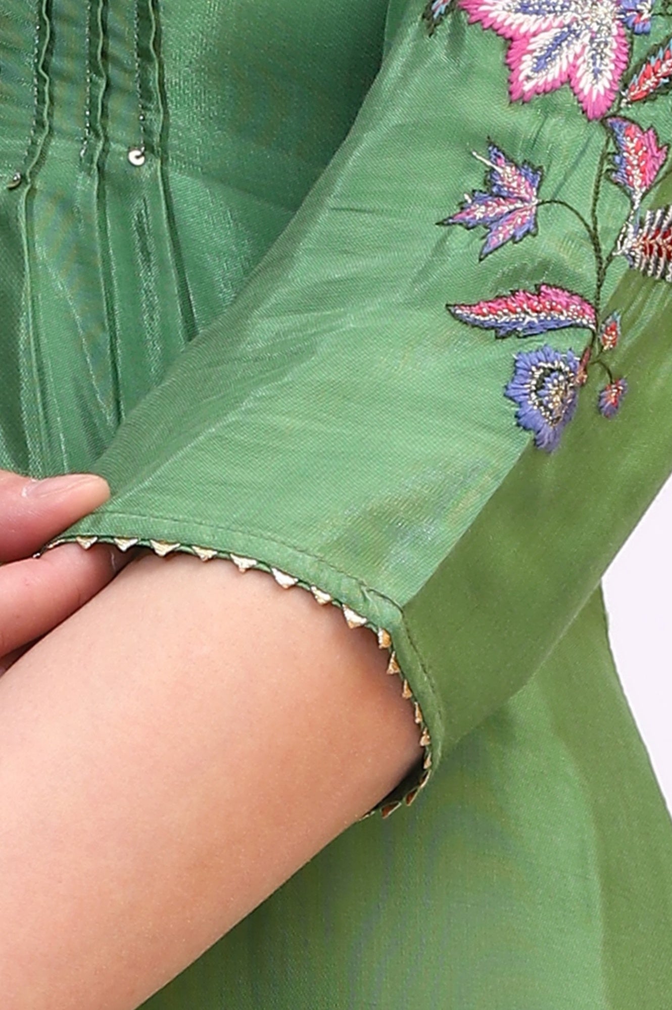 Green Embroidered Shantung Straight Kurta