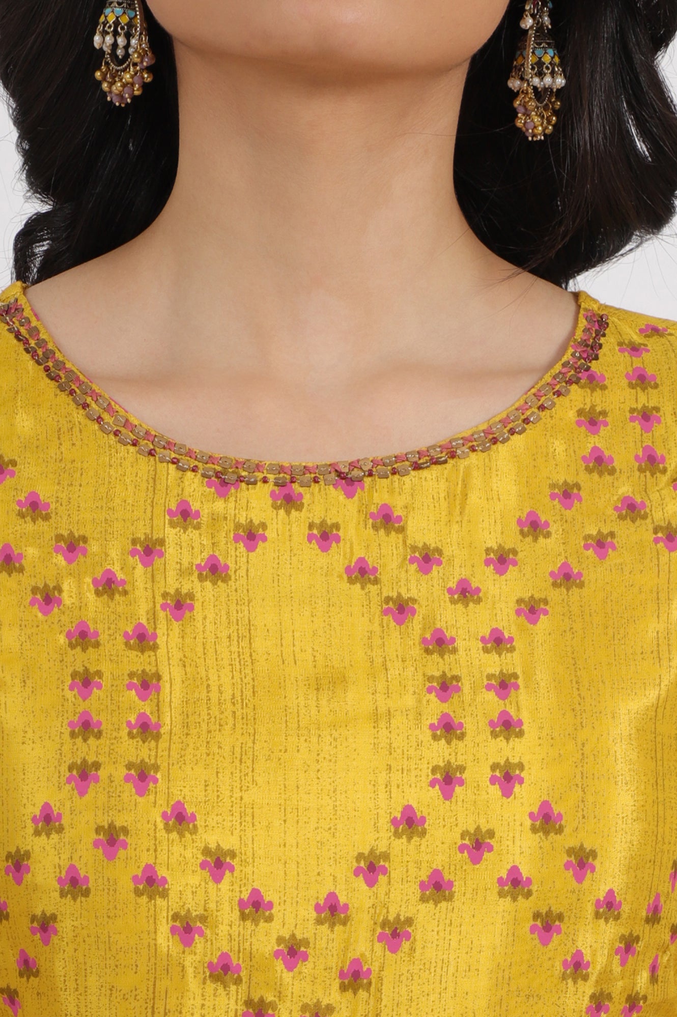 Marigold Yellow Floral Printed Straight Shantung Kurta