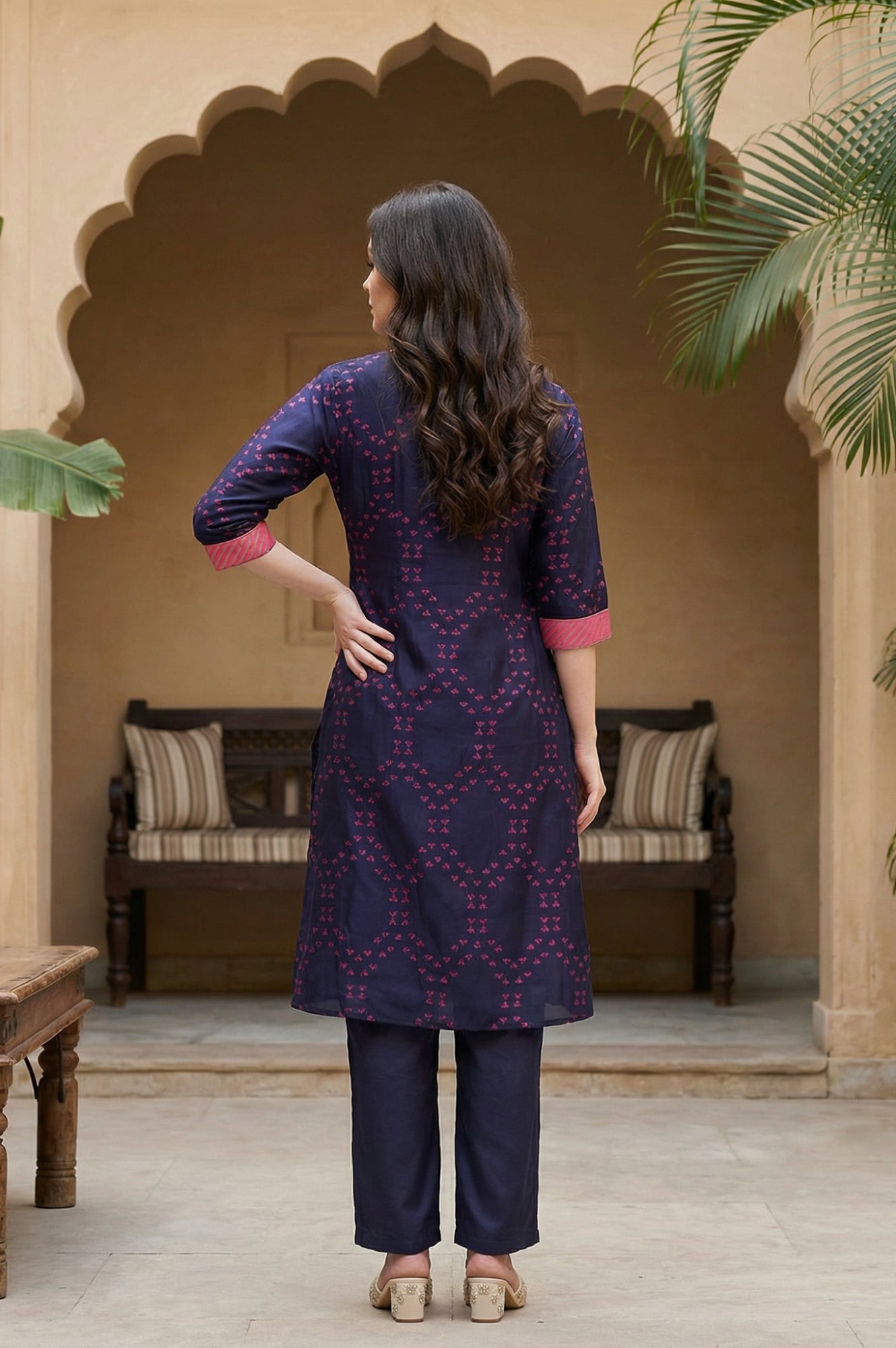 Blue Floral Printed Straight Shantung Kurta