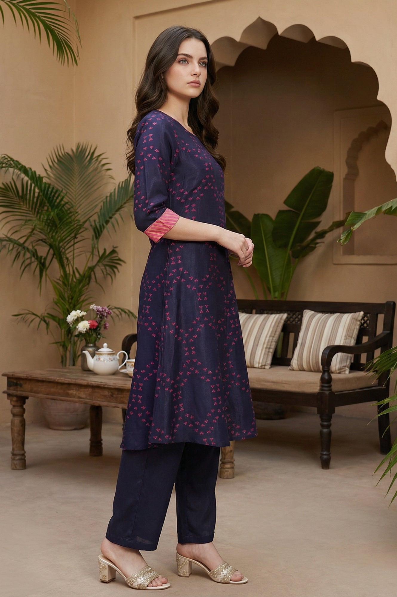 Blue Floral Printed Straight Shantung Kurta