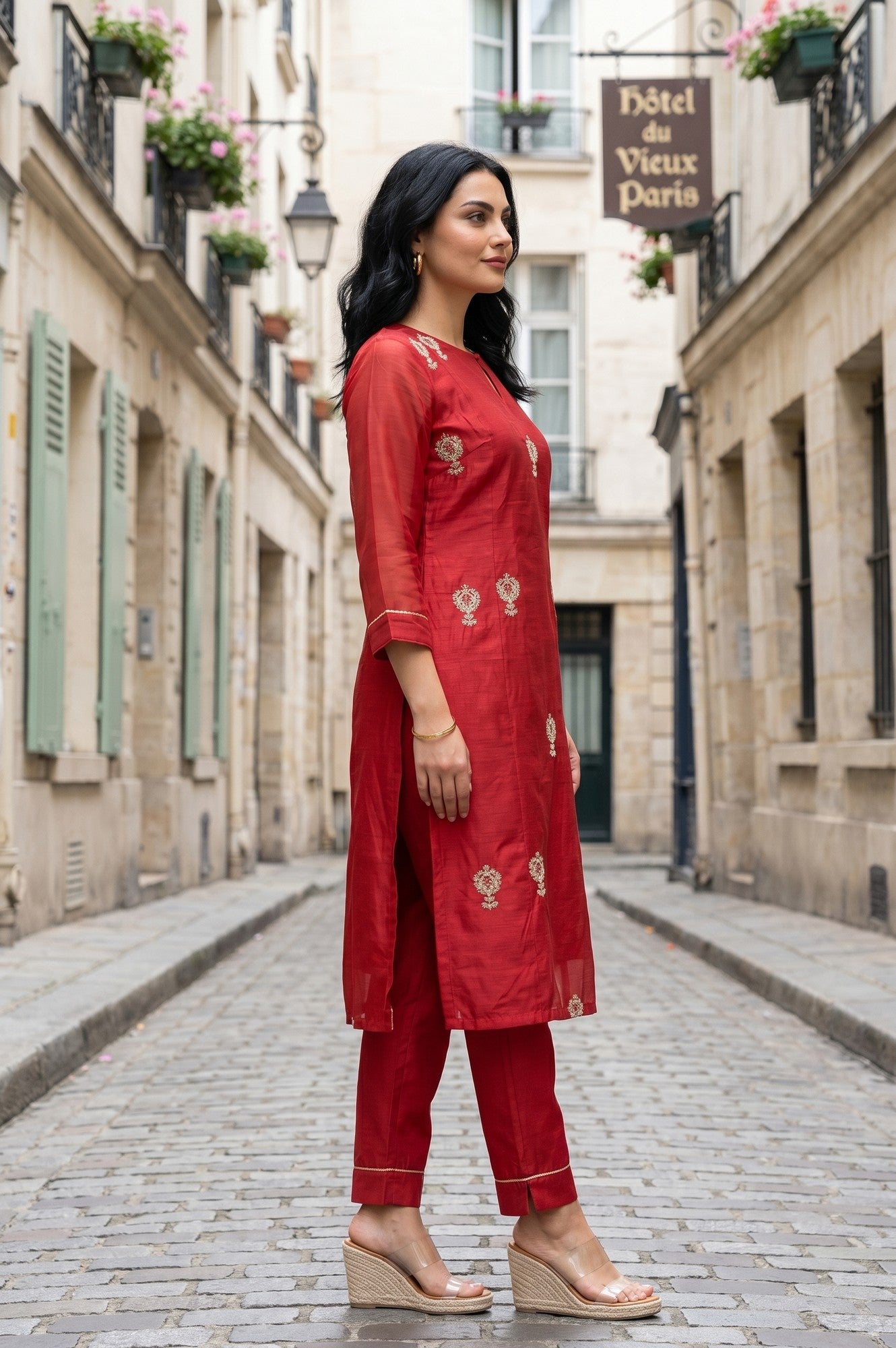 Red Embroidered Straight Chanderi Kurta