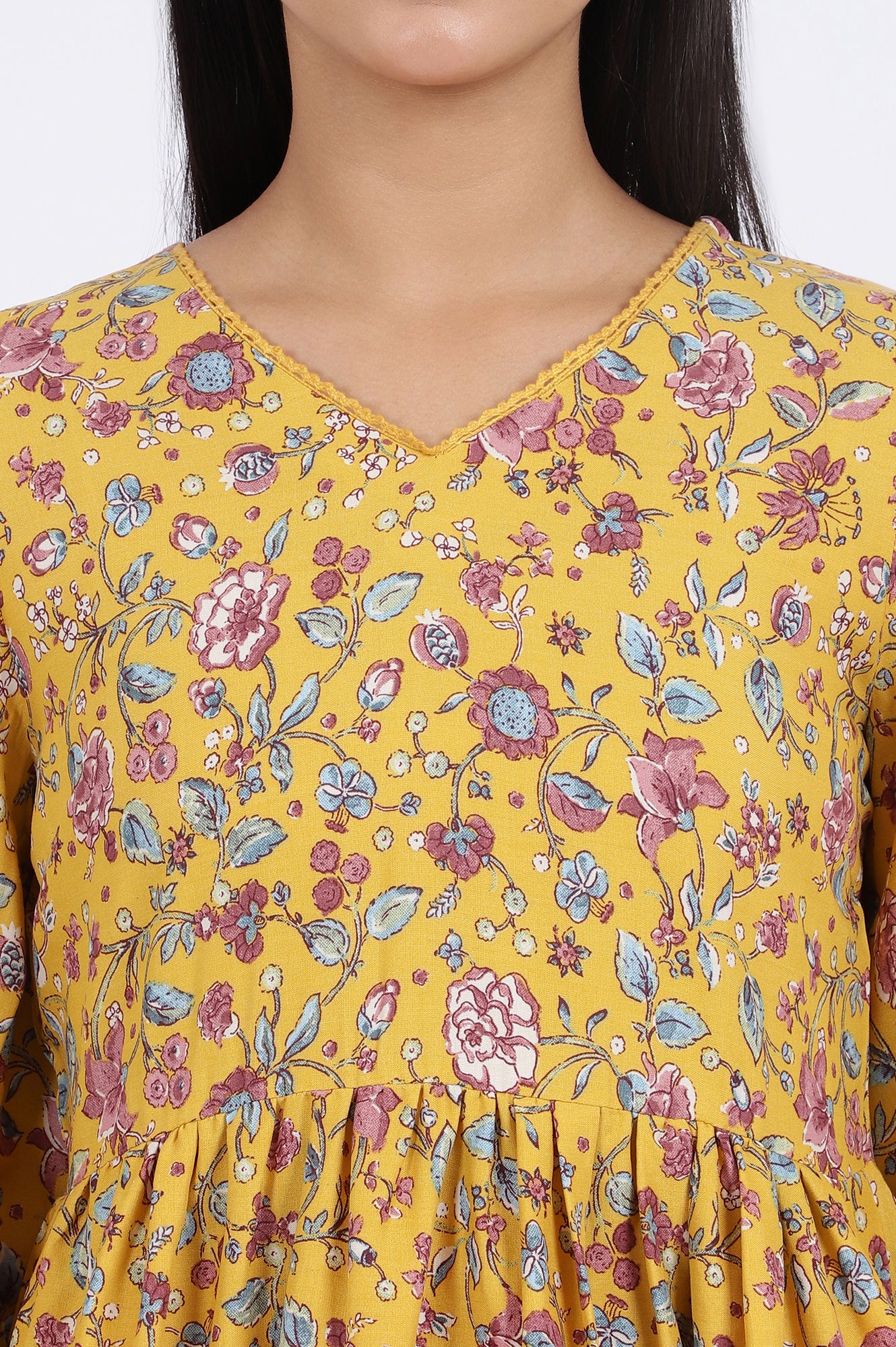 Yellow Floral Printed Flared Tiered Top with Sleeves