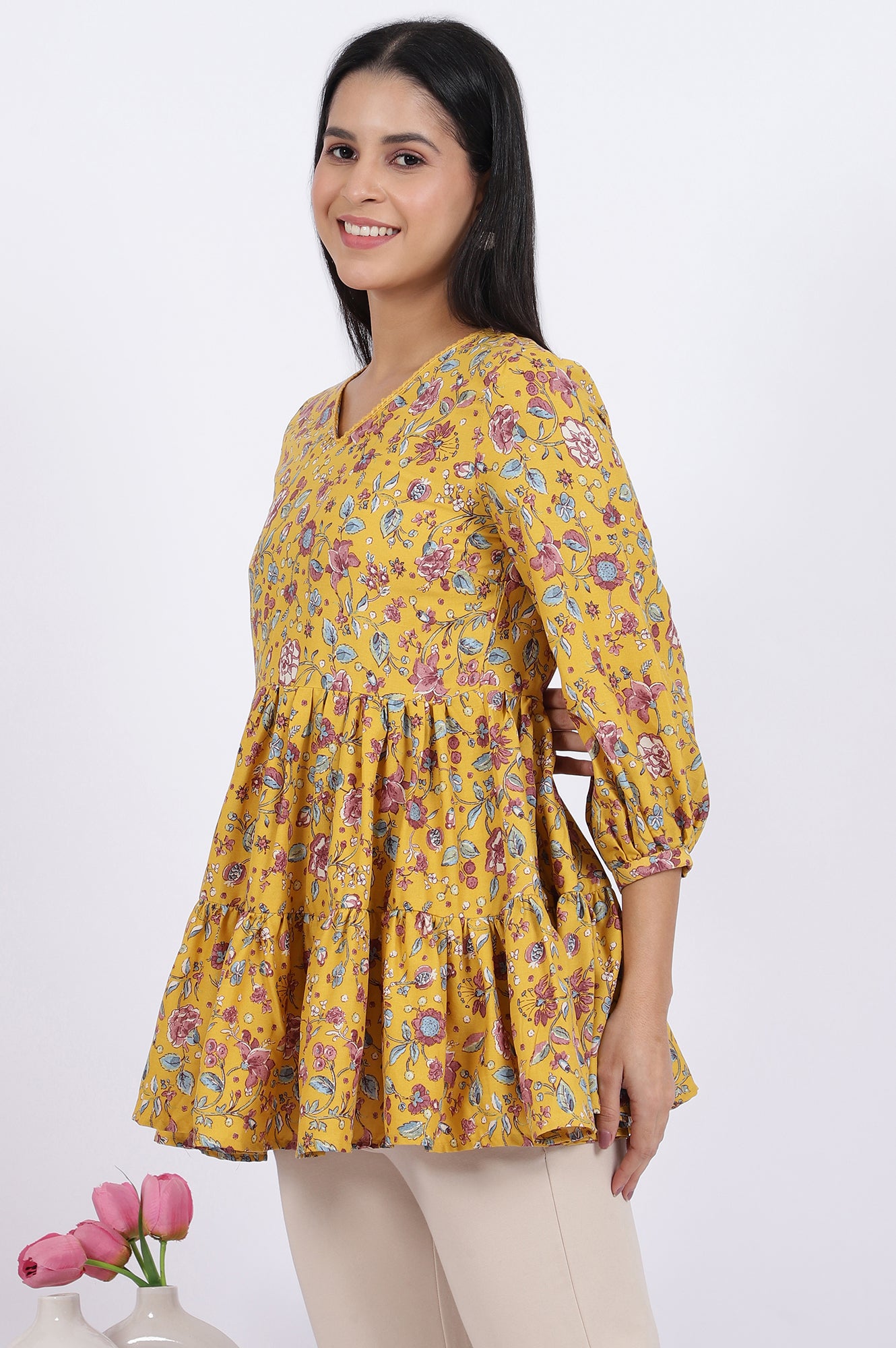Yellow Floral Printed Flared Tiered Top with Sleeves