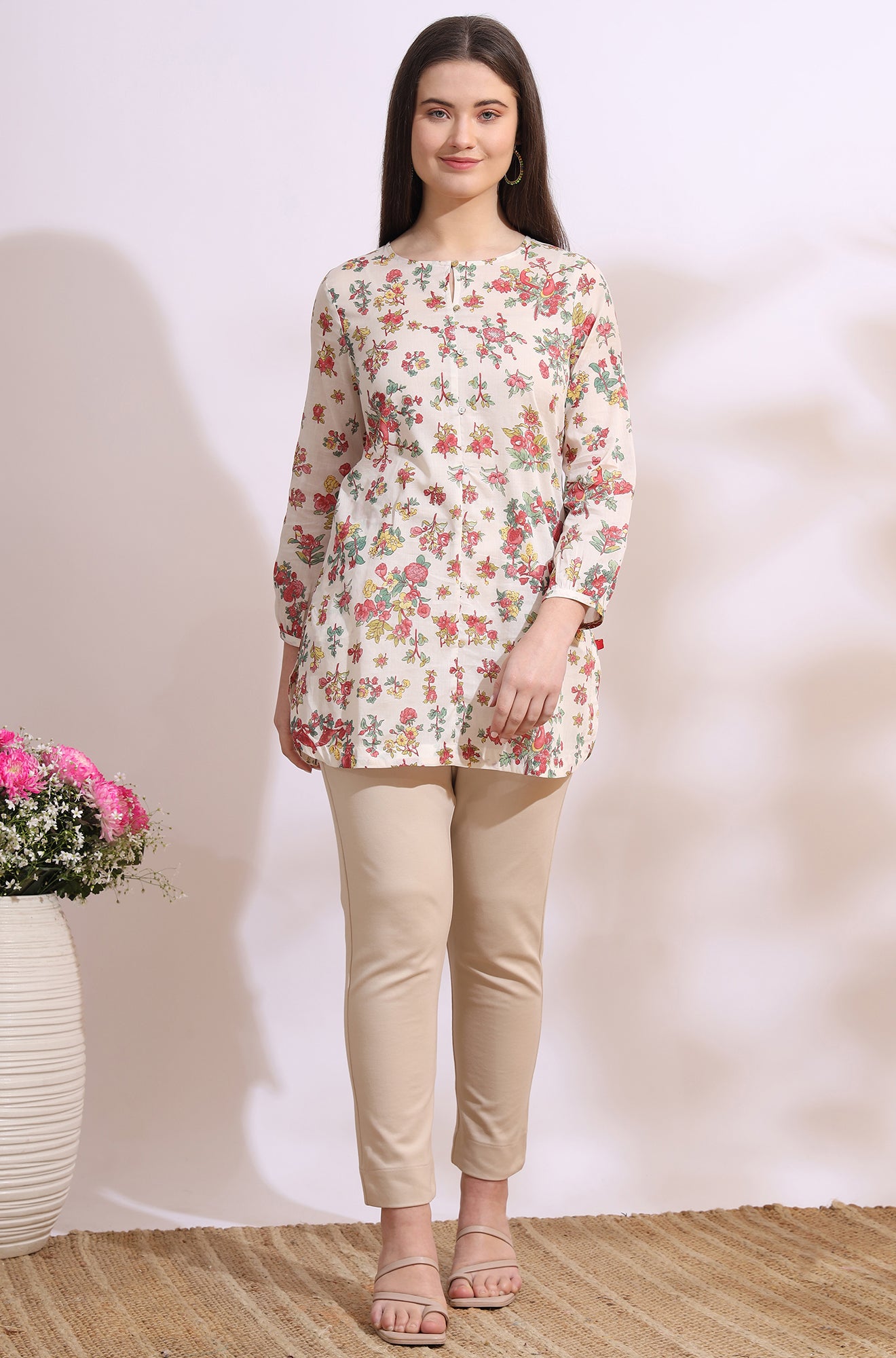 White Floral Printed Summer Straight Tunic