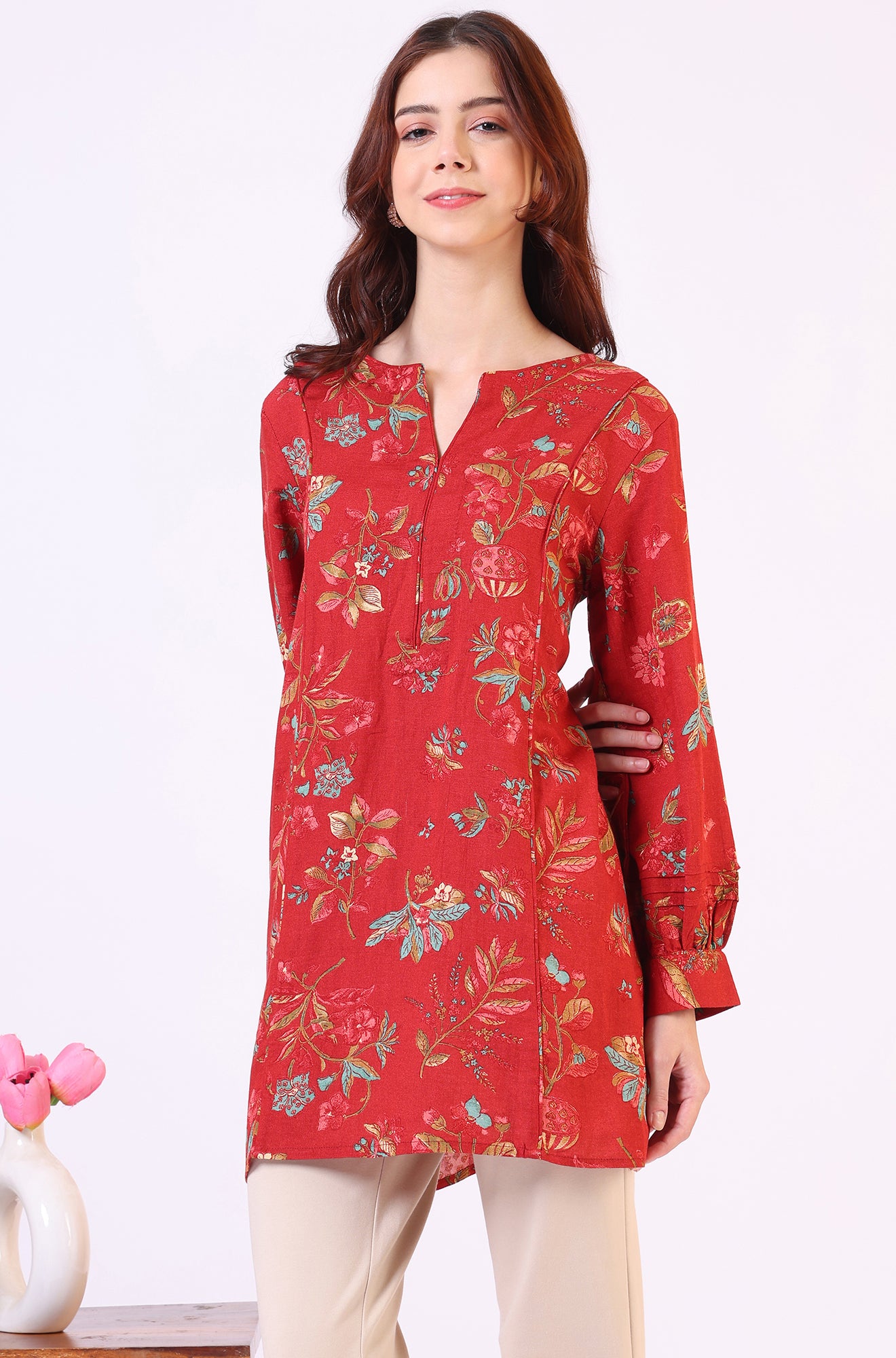 Red Floral Printed Princess Panelled Ethnic Top