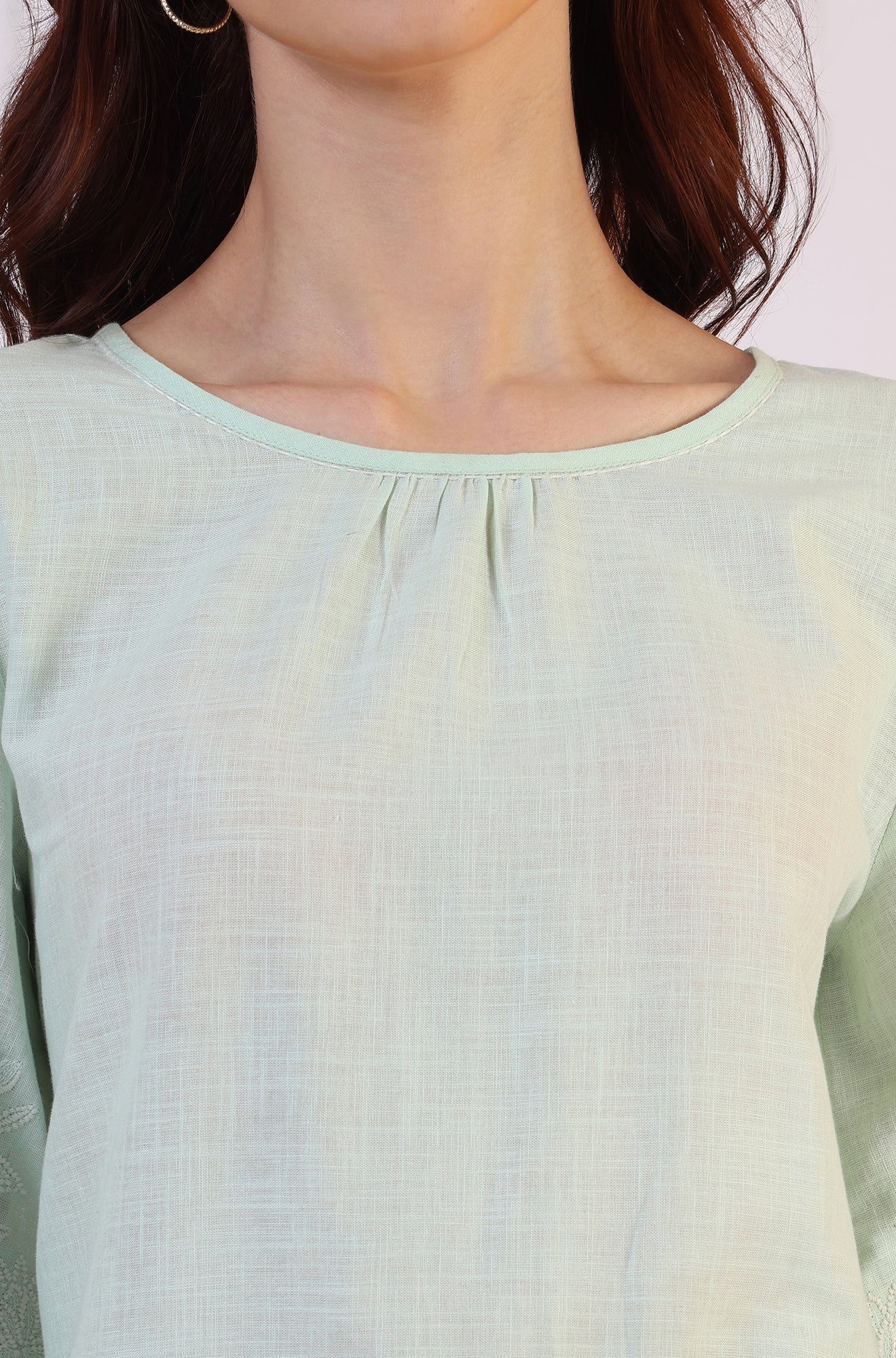 Pastel Green Slub top with Hem And Sleeve Embroidered Scalloped Detail