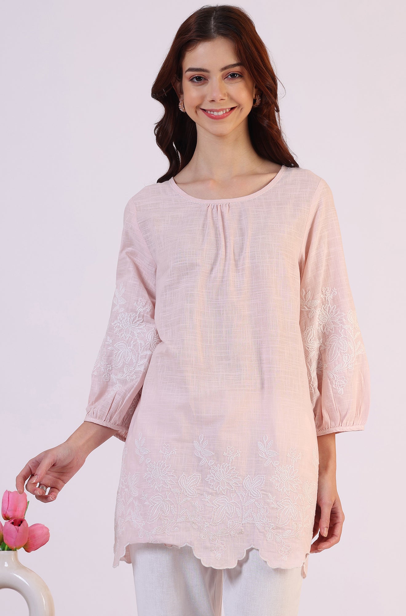 Pink Embroidered Pure Cotton Scalloped Western Top