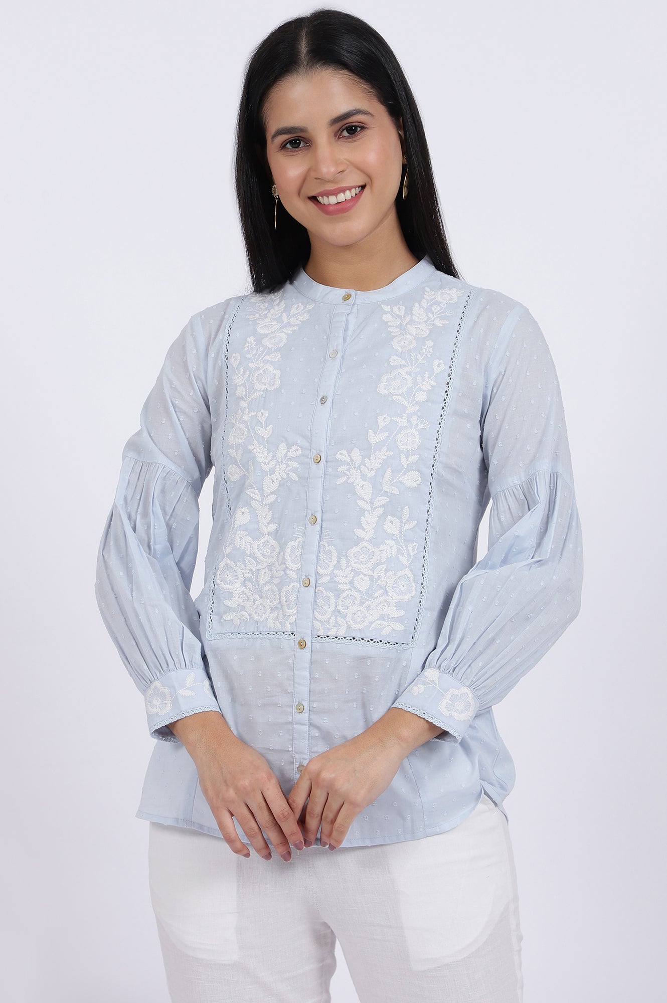 Blue Embroidered Pure Cotton Straight Top