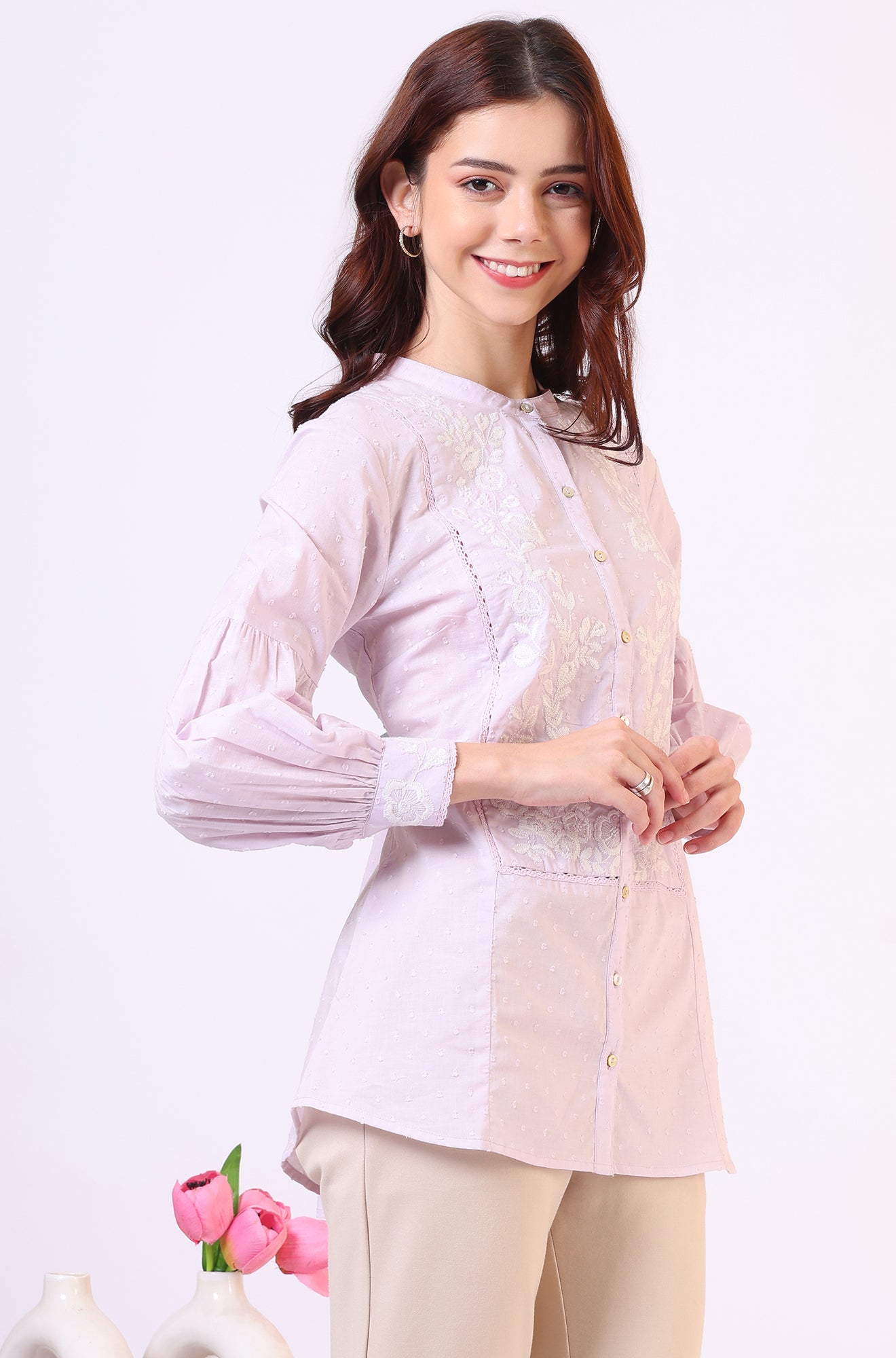 Lilac Yoke Embroidered Button Down Top With Lace Detail