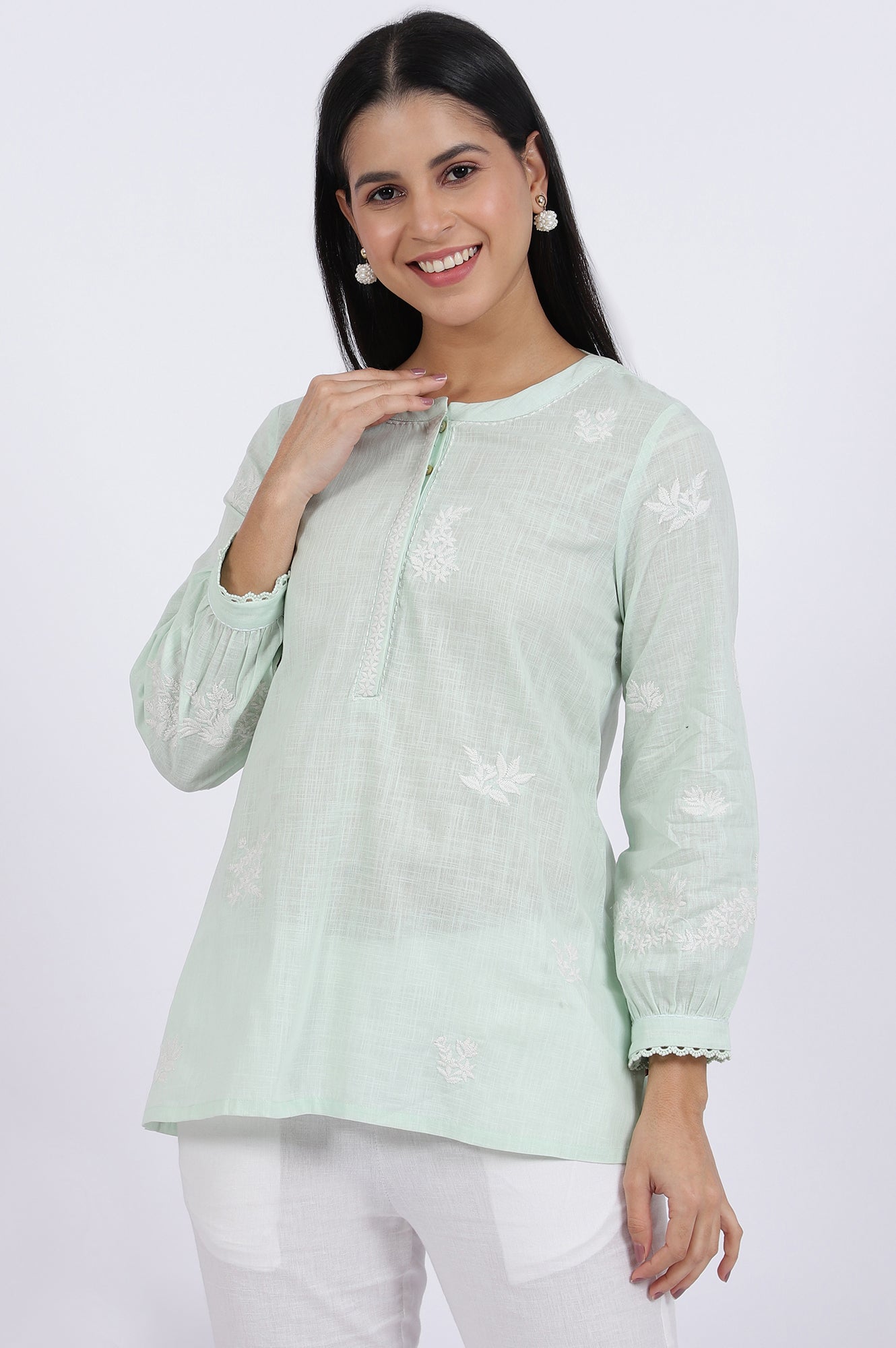 Green Thread Embroidered Straight Pure Cotton Ethnic Top
