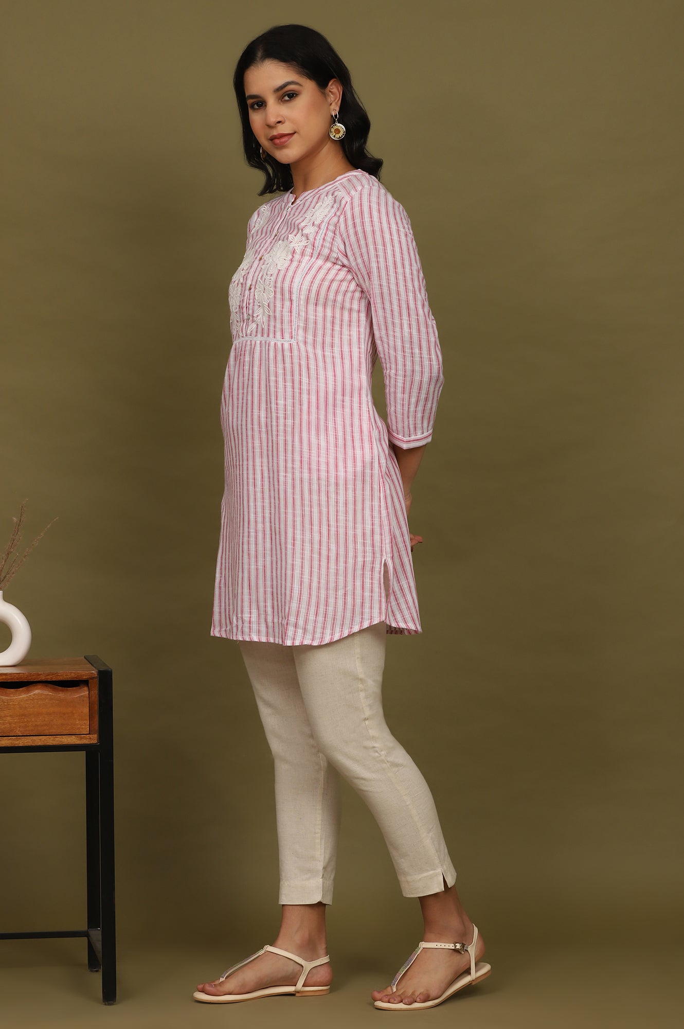 Pink and White Yarn Dyed Cotton Tunic in Mandarin Collar