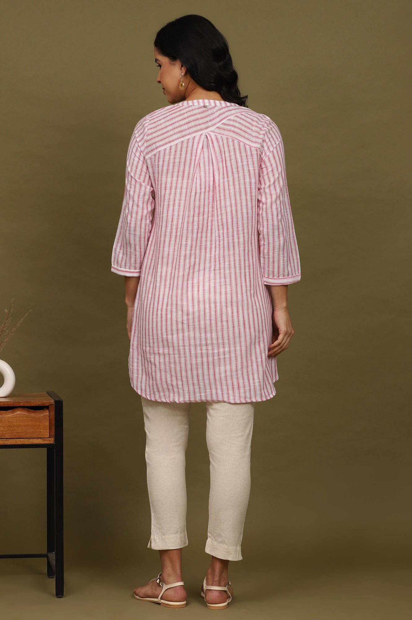 Pink and White Yarn Dyed Cotton Tunic in Mandarin Collar