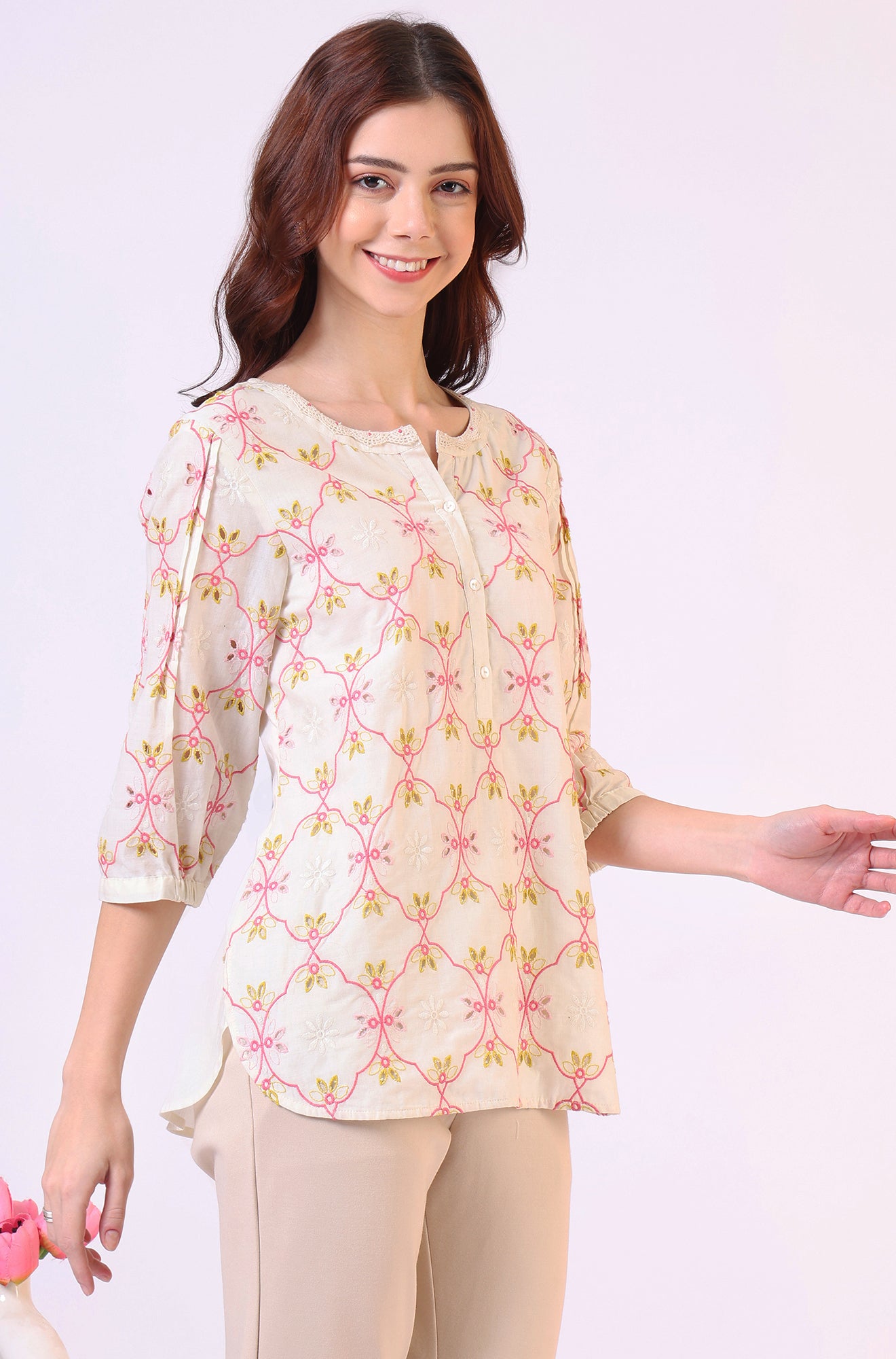 White Thread Embroidered Straight Pure Cotton Ethnic Lacetop