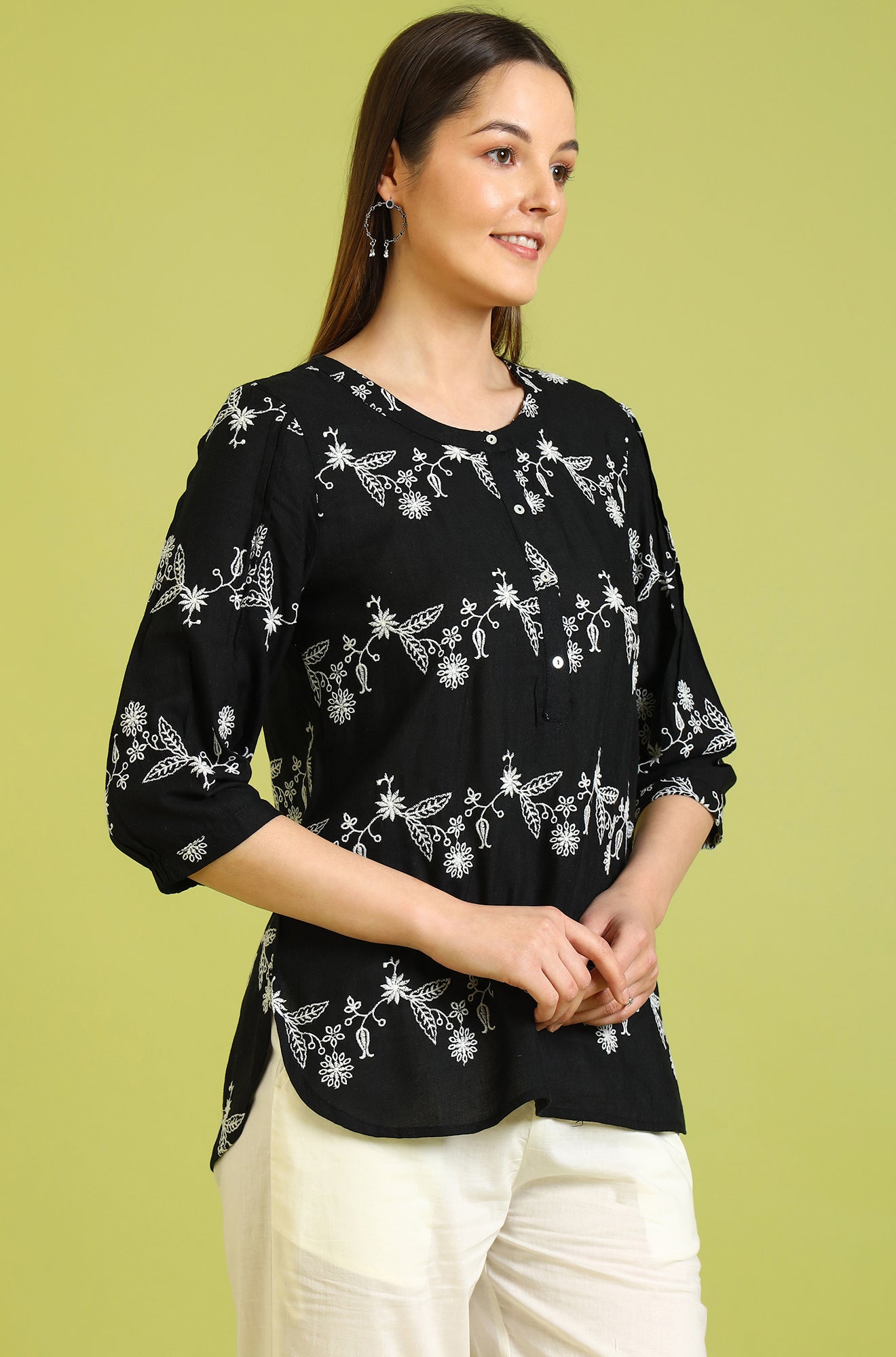 Black Embroidered Straight Rayon Top