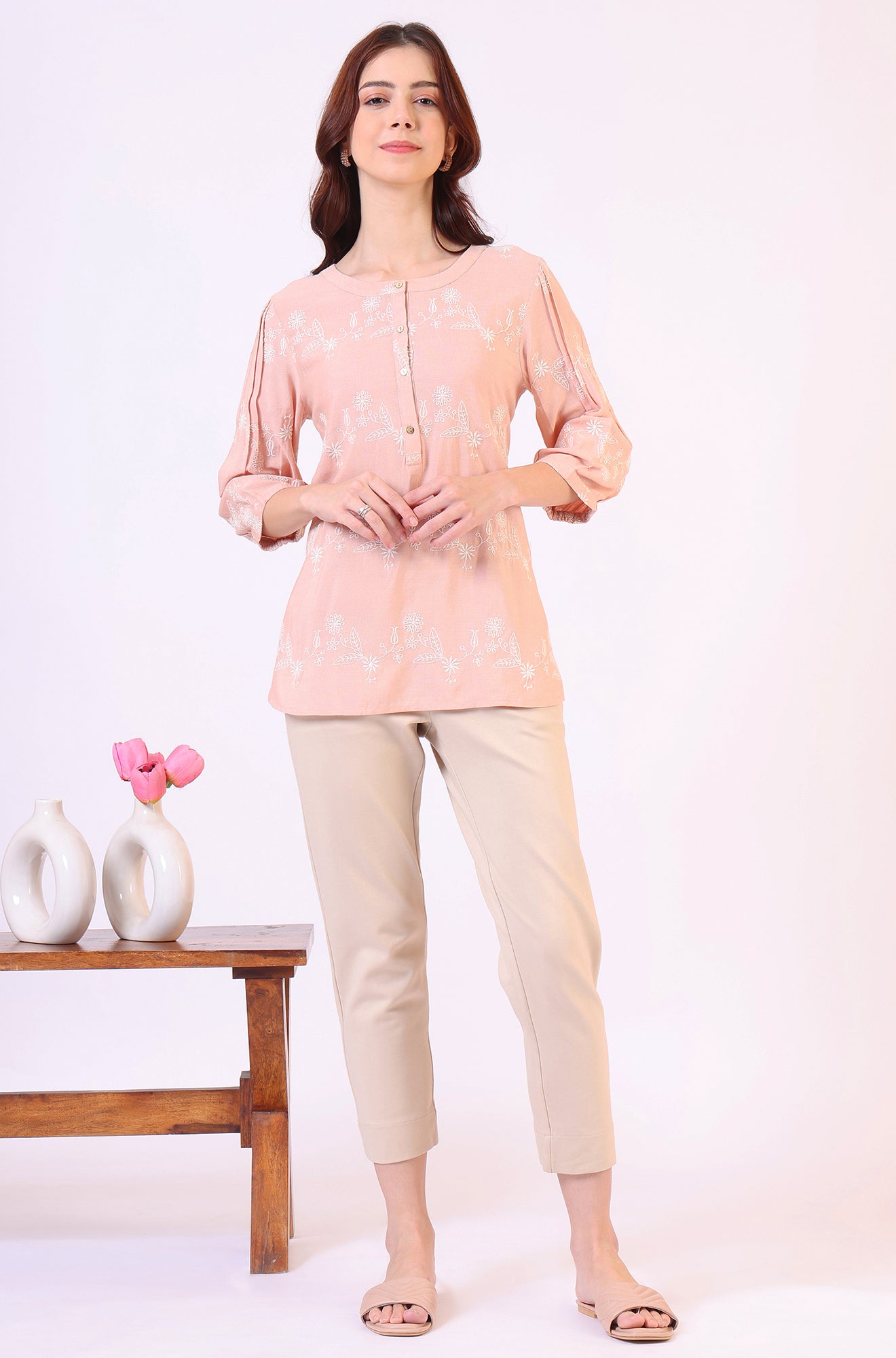 Peach Floral Schiffli Embroidered Rayon Flax Western Top