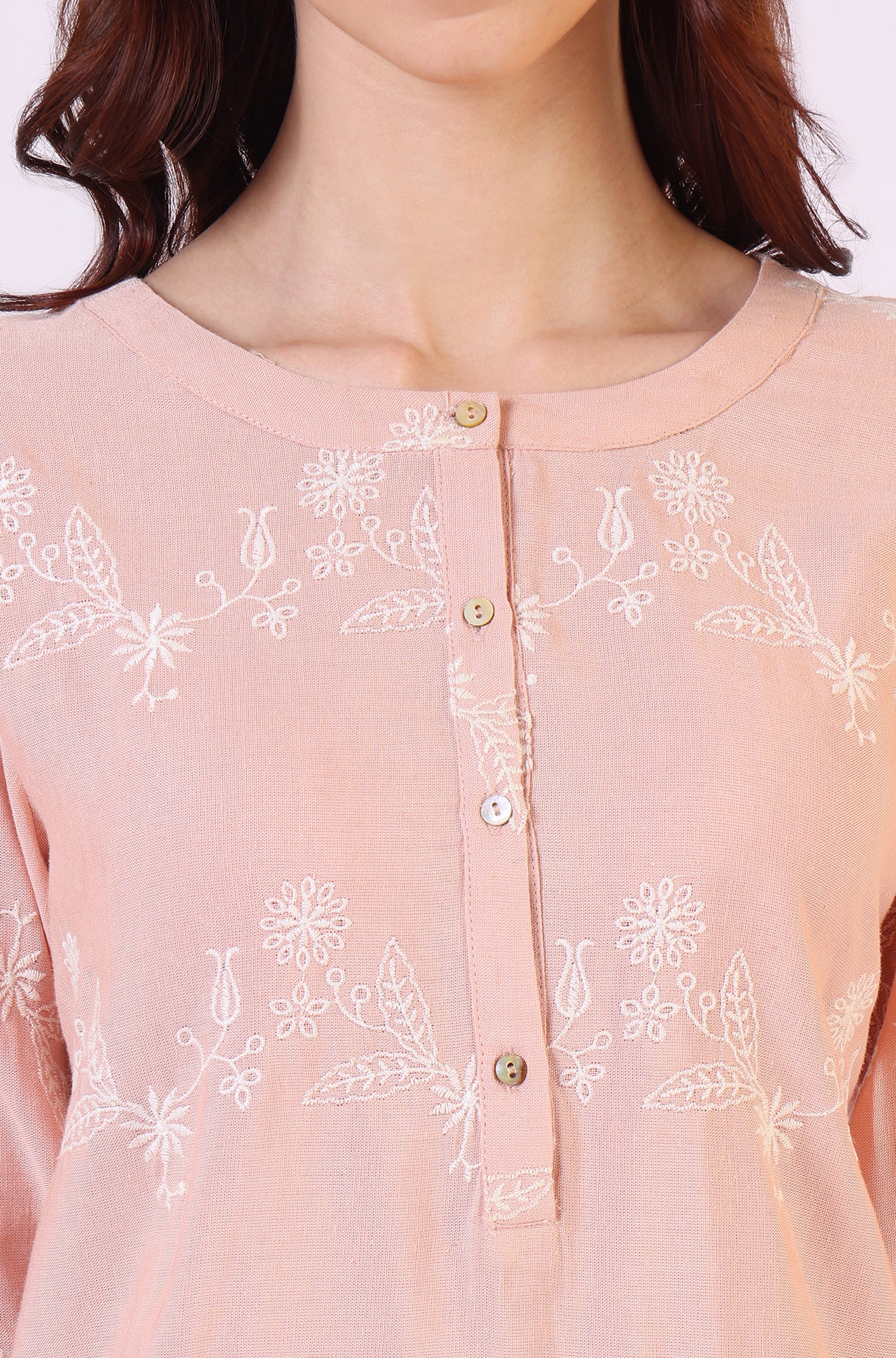 Peach Floral Schiffli Embroidered Rayon Flax Western Top