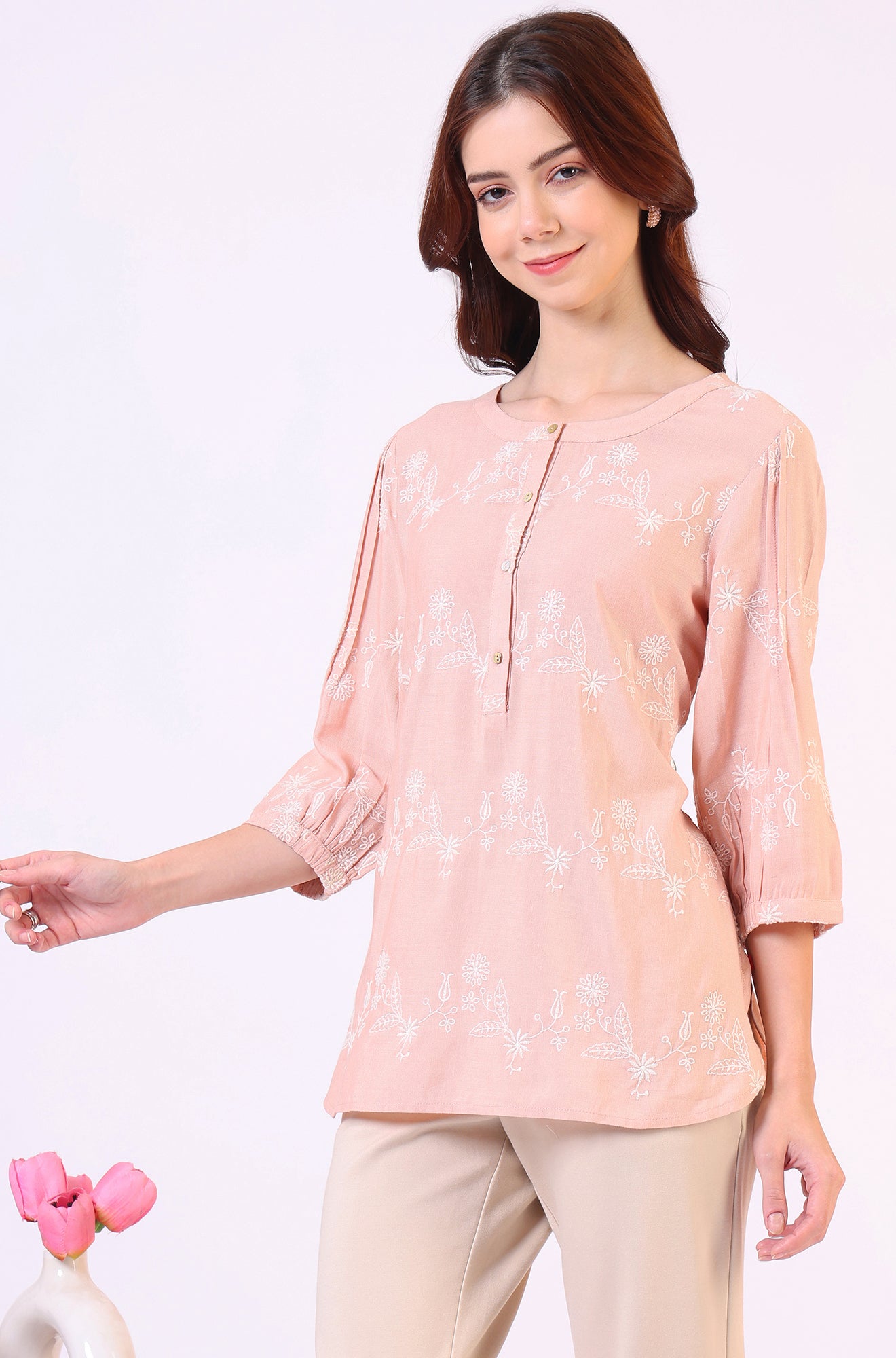 Peach Floral Schiffli Embroidered Rayon Flax Western Top