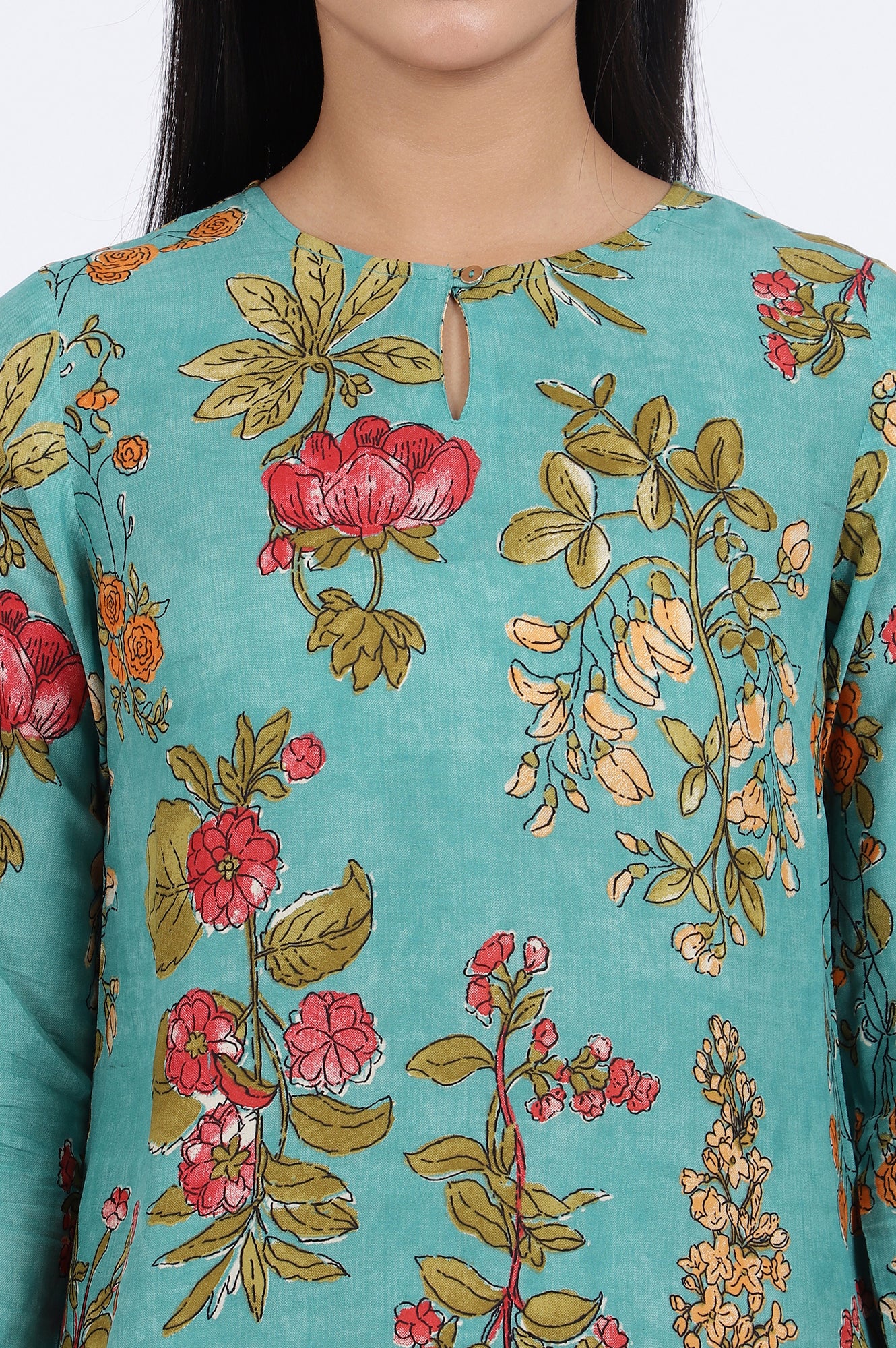 Green Floral Printed Straight Top