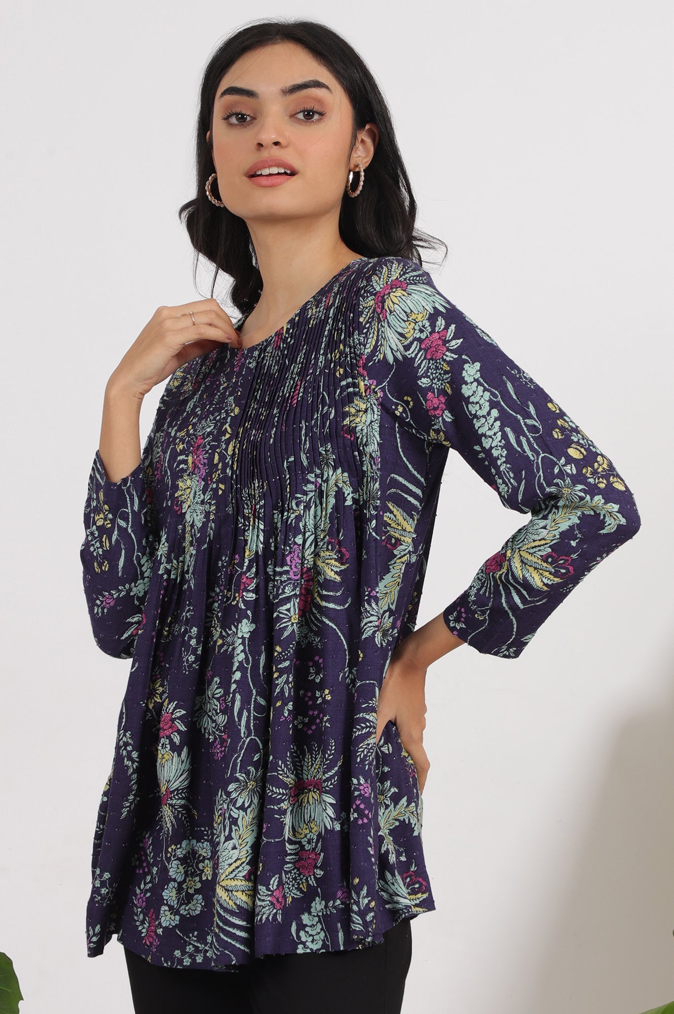 Grey Printed Swiss Dot A-line Pleated Top