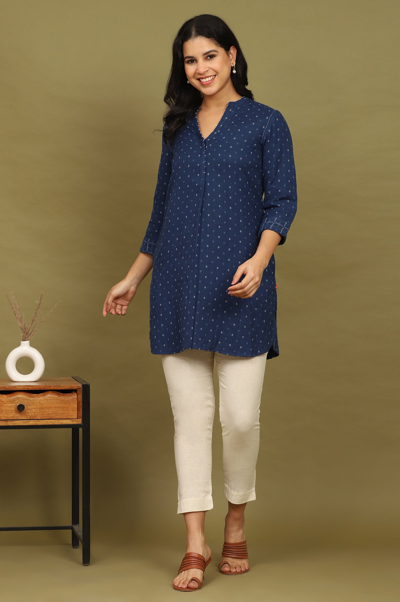 Indigo Blue Yarn Dyed Pure Cotton Top with Beads