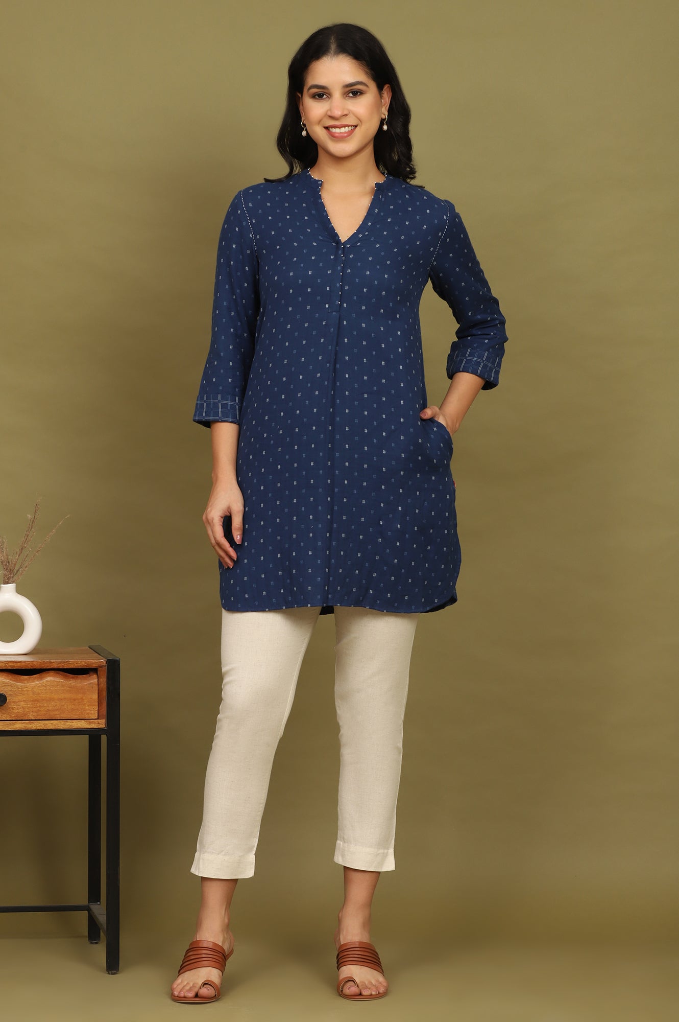 Indigo Blue Yarn Dyed Pure Cotton Top with Beads