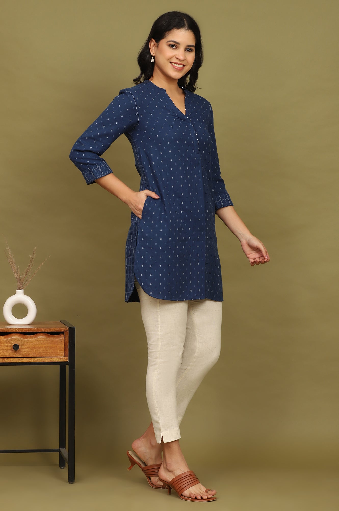 Indigo Blue Yarn Dyed Pure Cotton Top with Beads