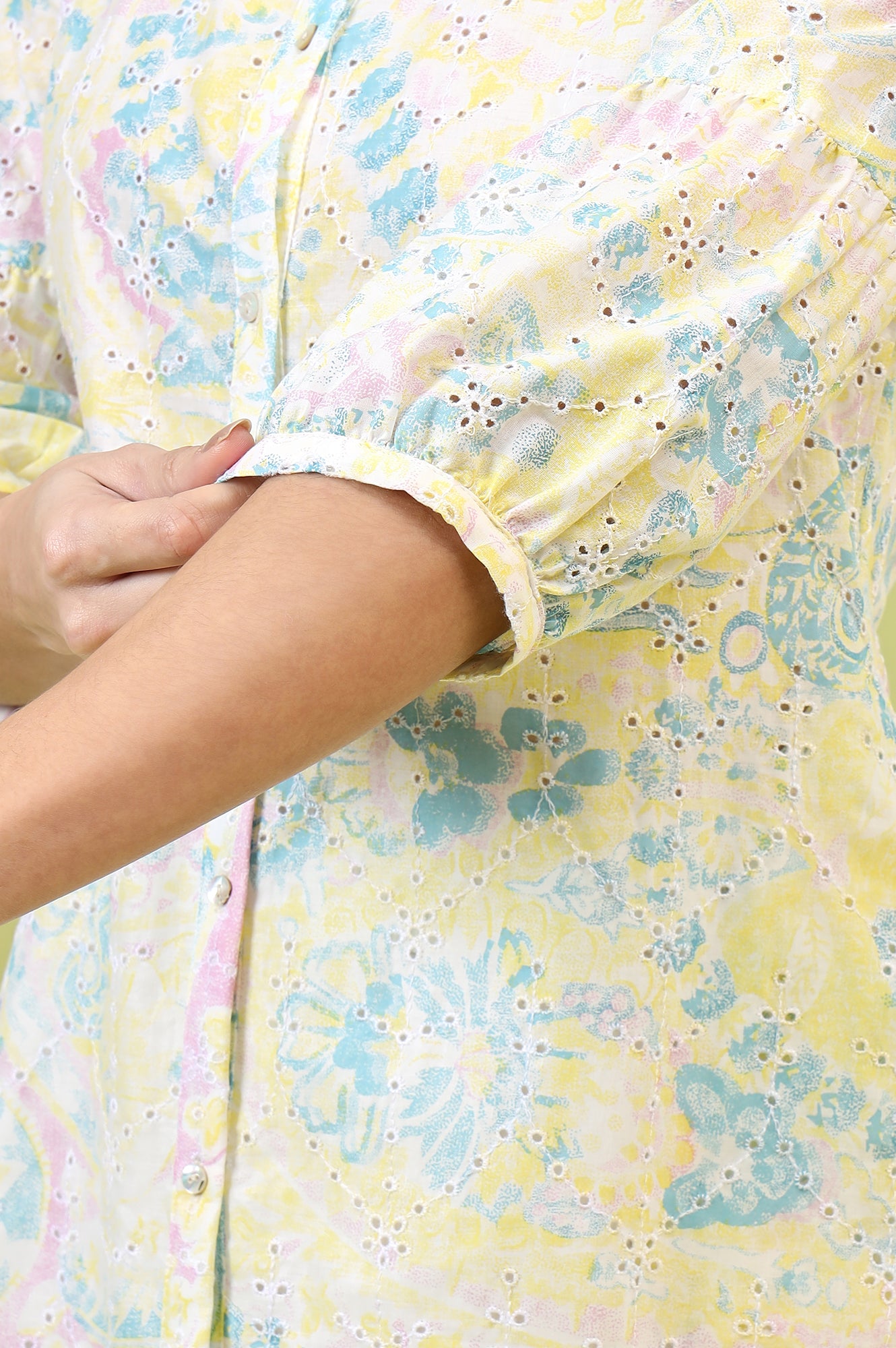 Light Yellow Floral Printed Schiffli Embroidered Fusion Top