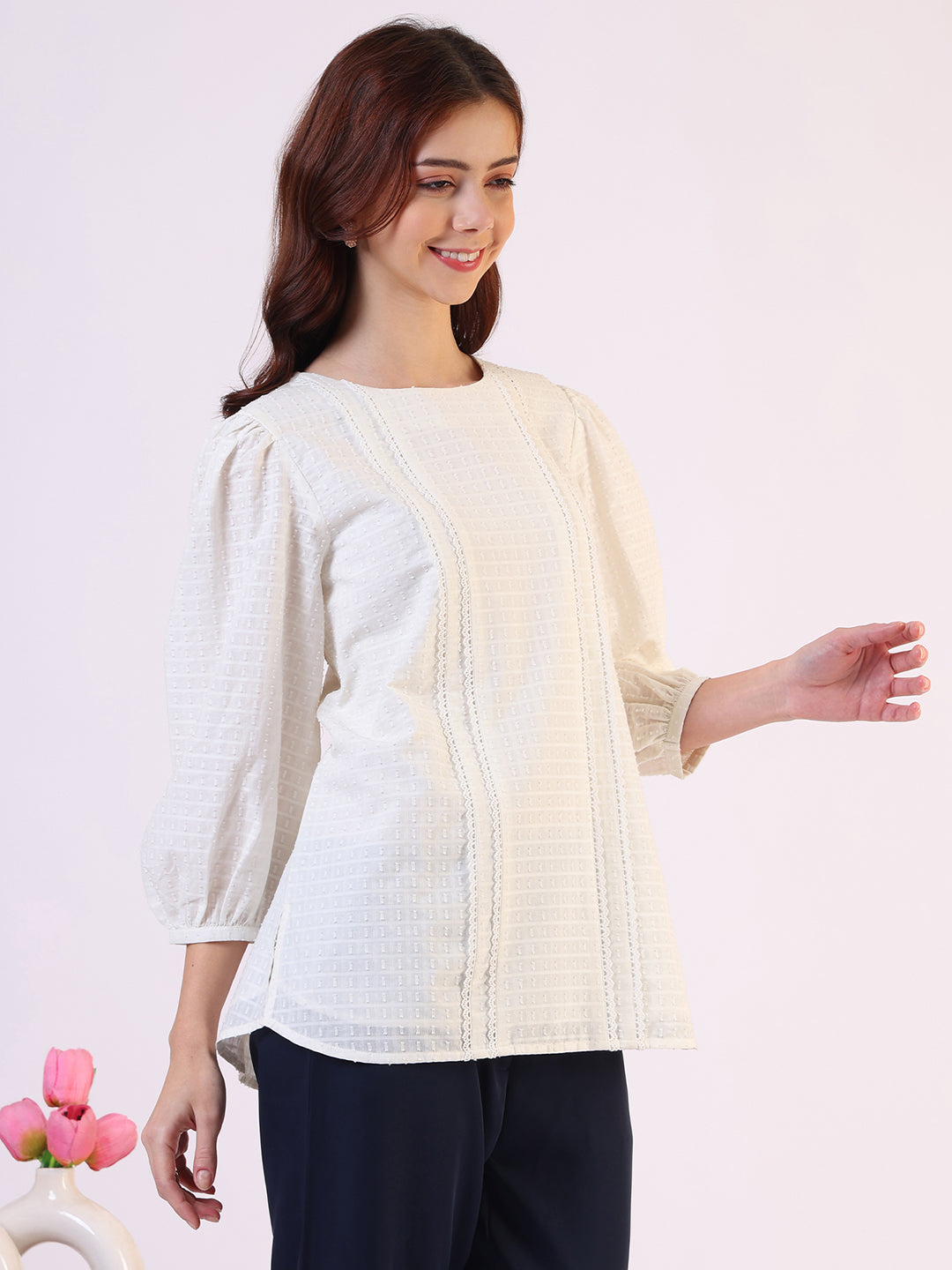 White Solid Straight Pure Cotton Top