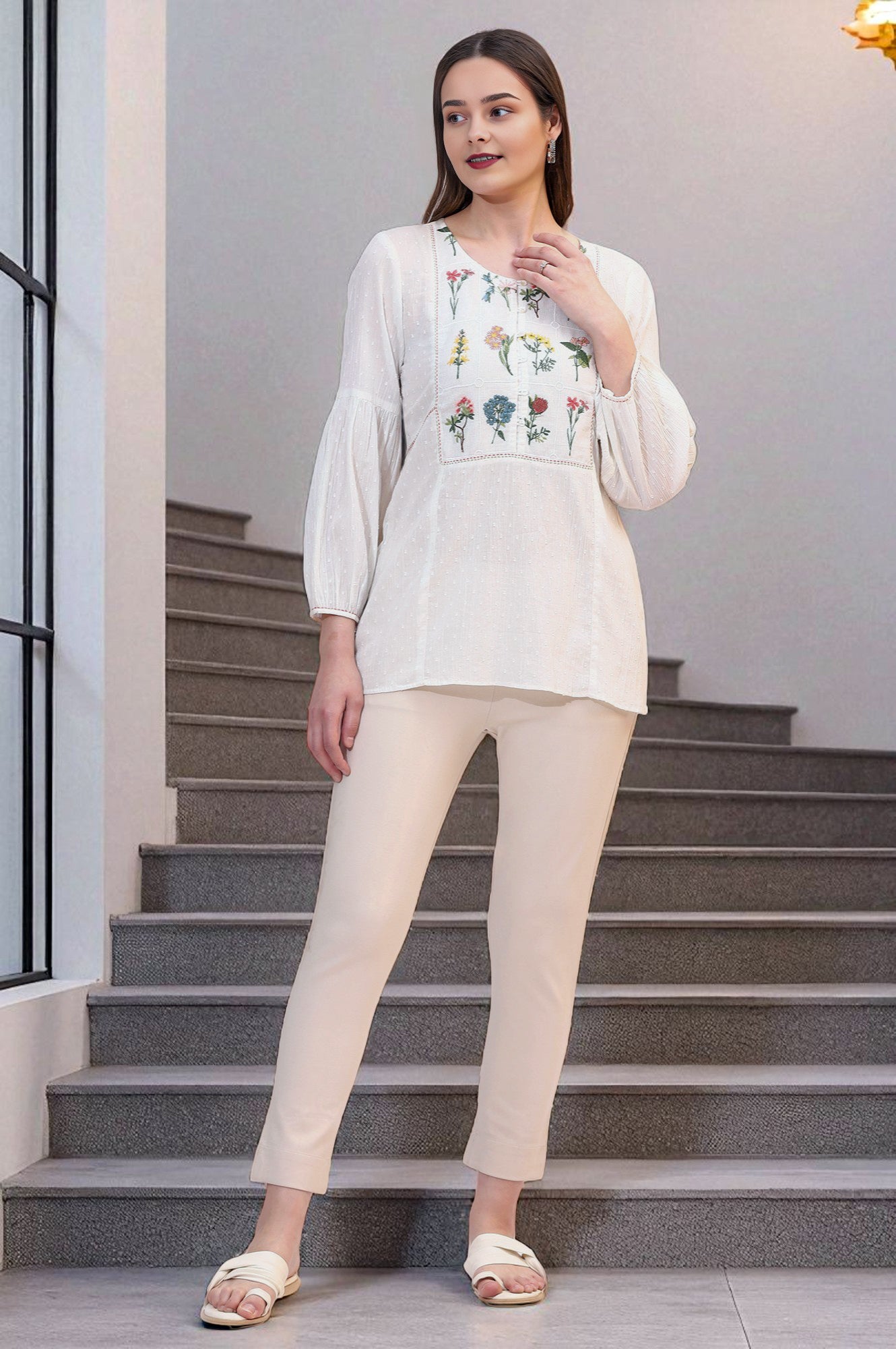 White Floral Thread Embroidered Yoke Textured Top