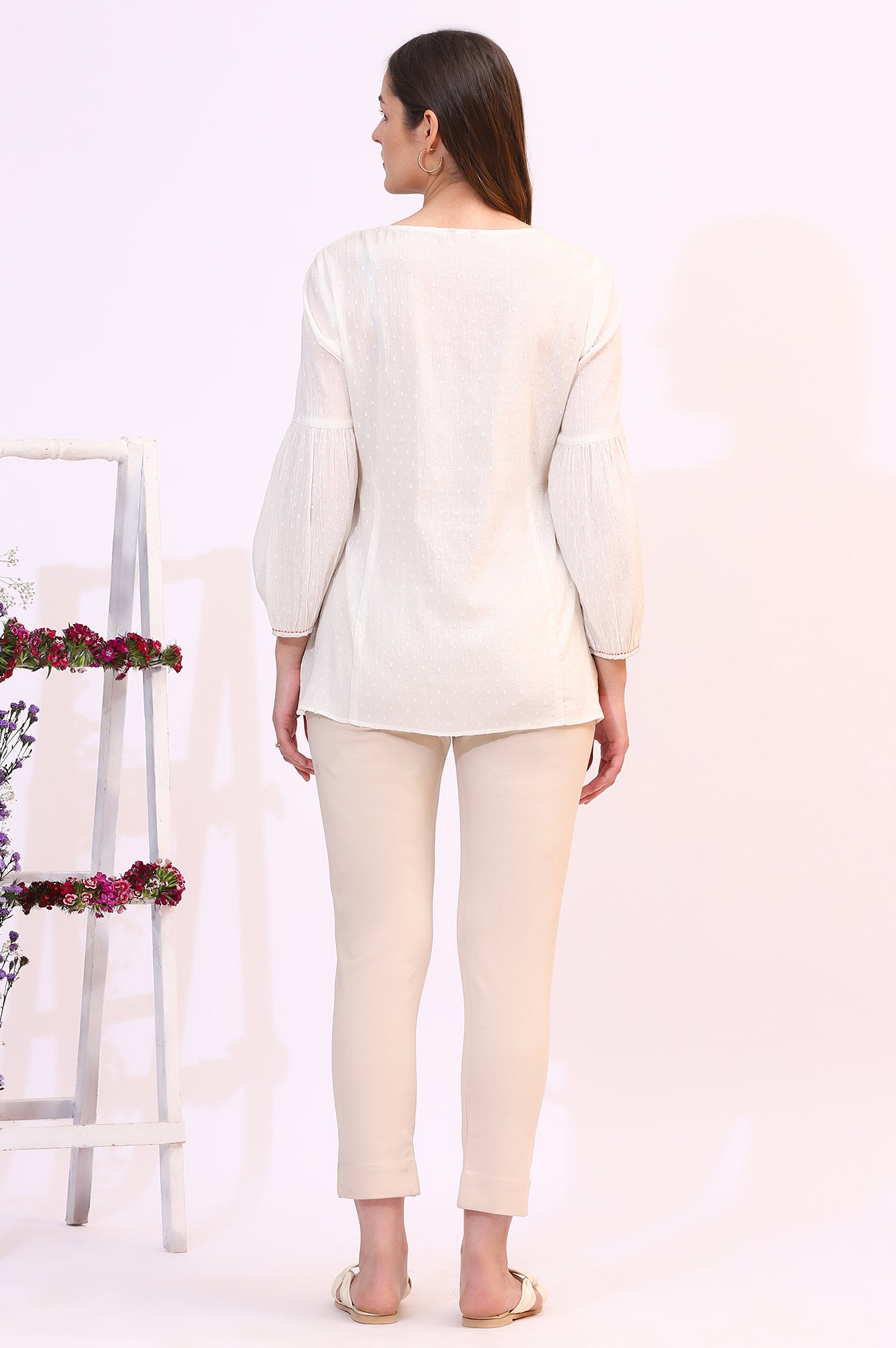 White Floral Thread Embroidered Yoke Textured Top