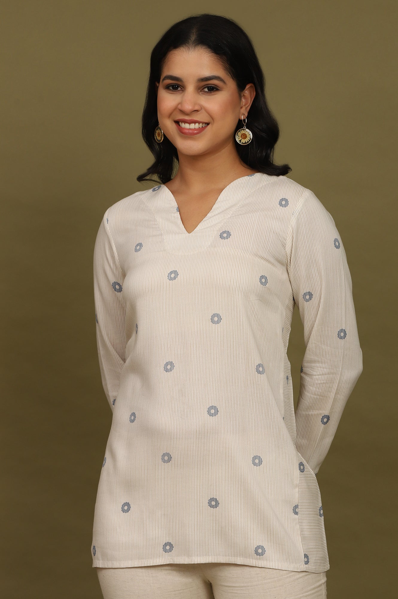 Beige Stripes Rayon Straight Top in Curved Neck