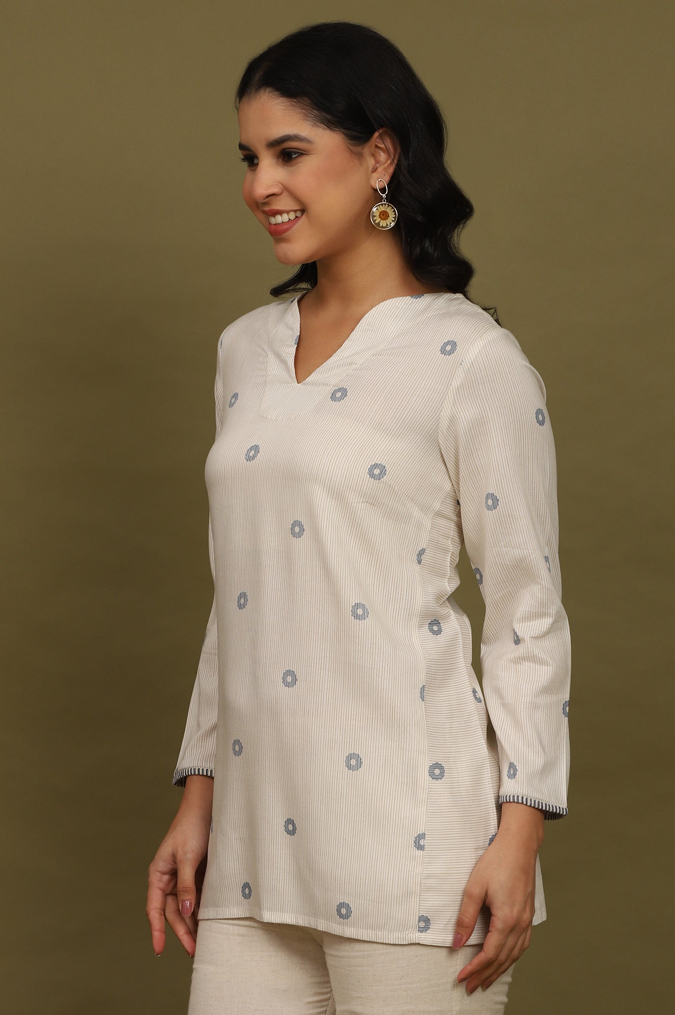 Beige Stripes Rayon Straight Top in Curved Neck