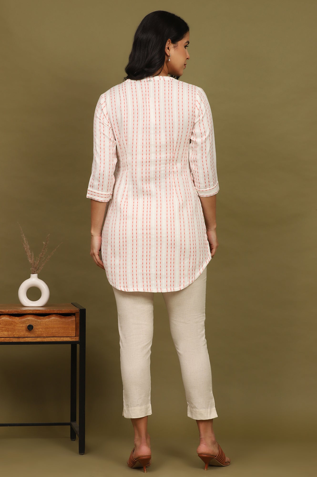 Pink And White Yarn Dyed Double Cloth Cotton Tunic