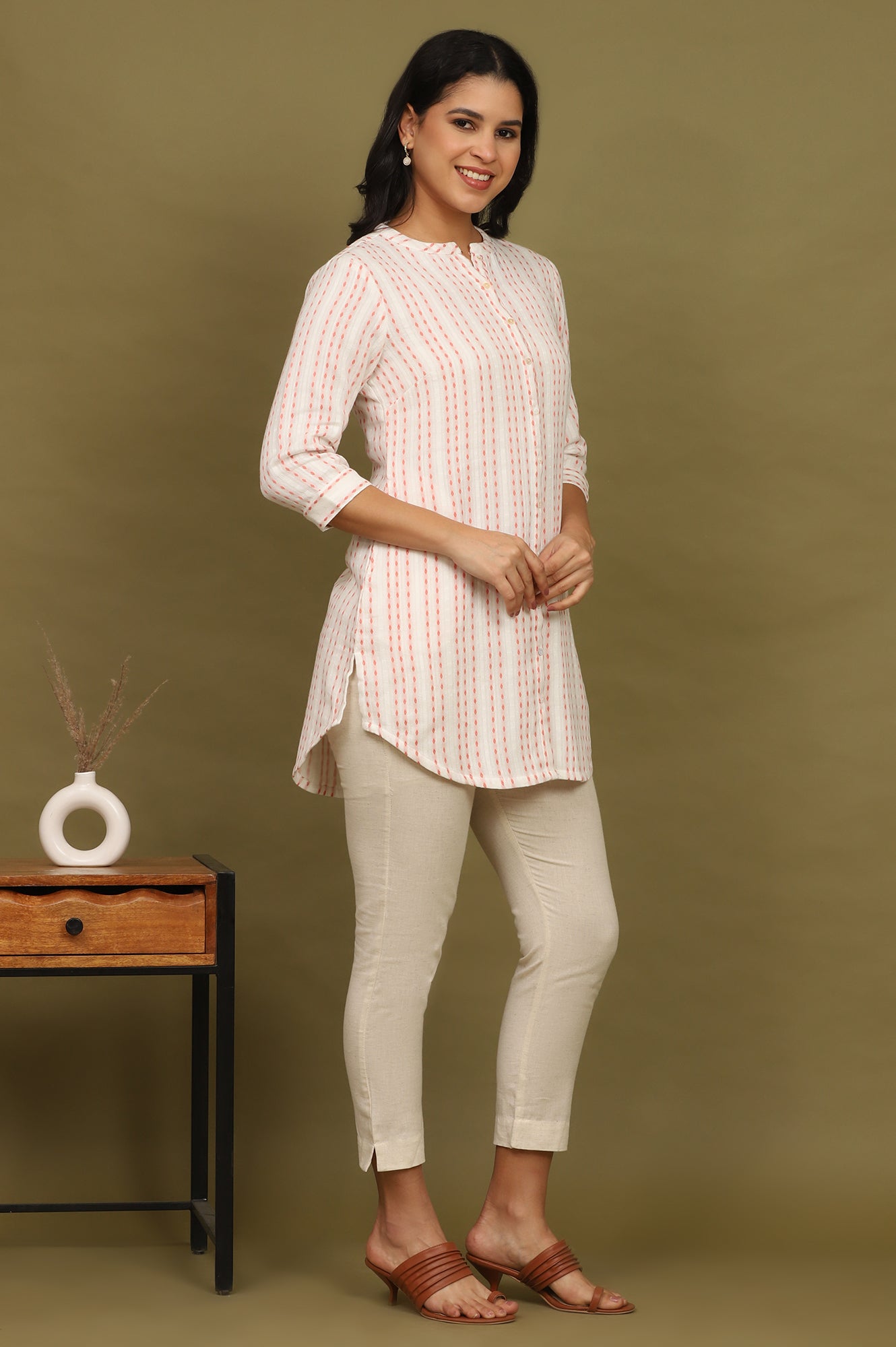 Pink And White Yarn Dyed Double Cloth Cotton Tunic