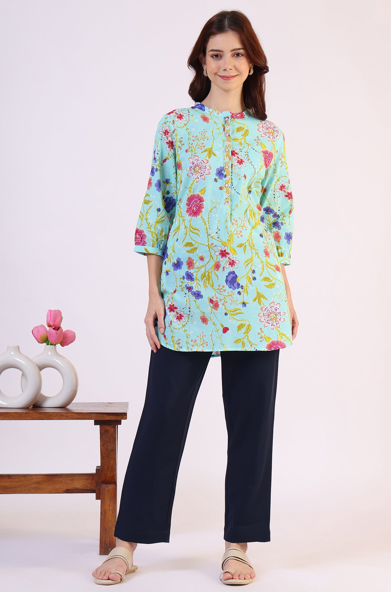 Blue Floral Printed Tunic with Floral Thread Embroidery