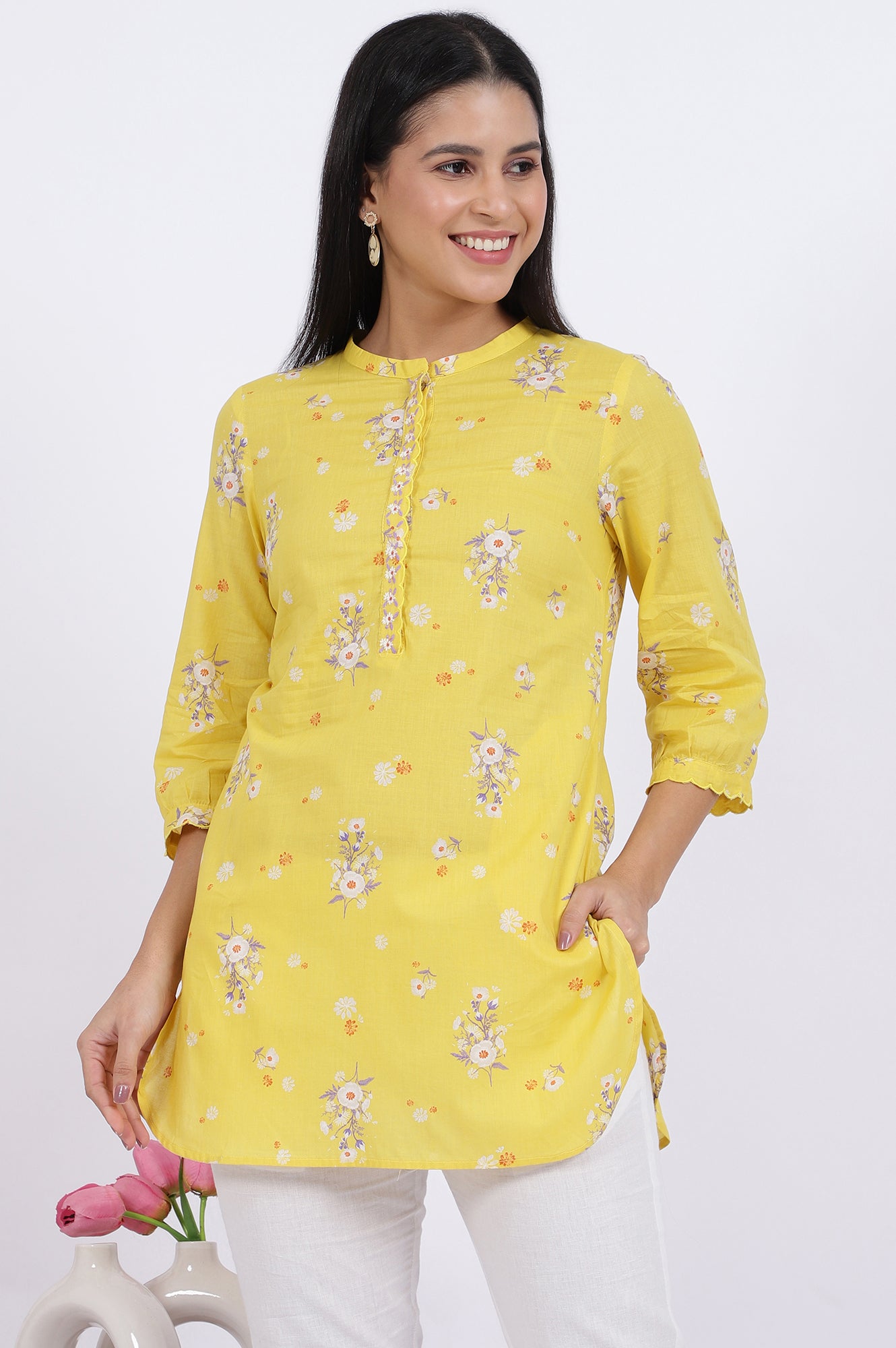 Yellow Floral Printed Straight Pure Cotton Tunic