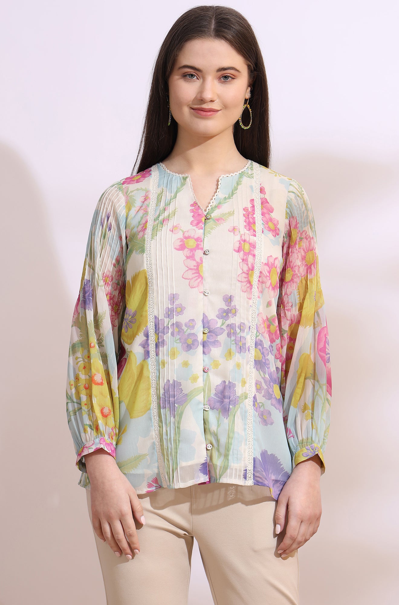 White Floral Printed Chiffon Top with Lace Work