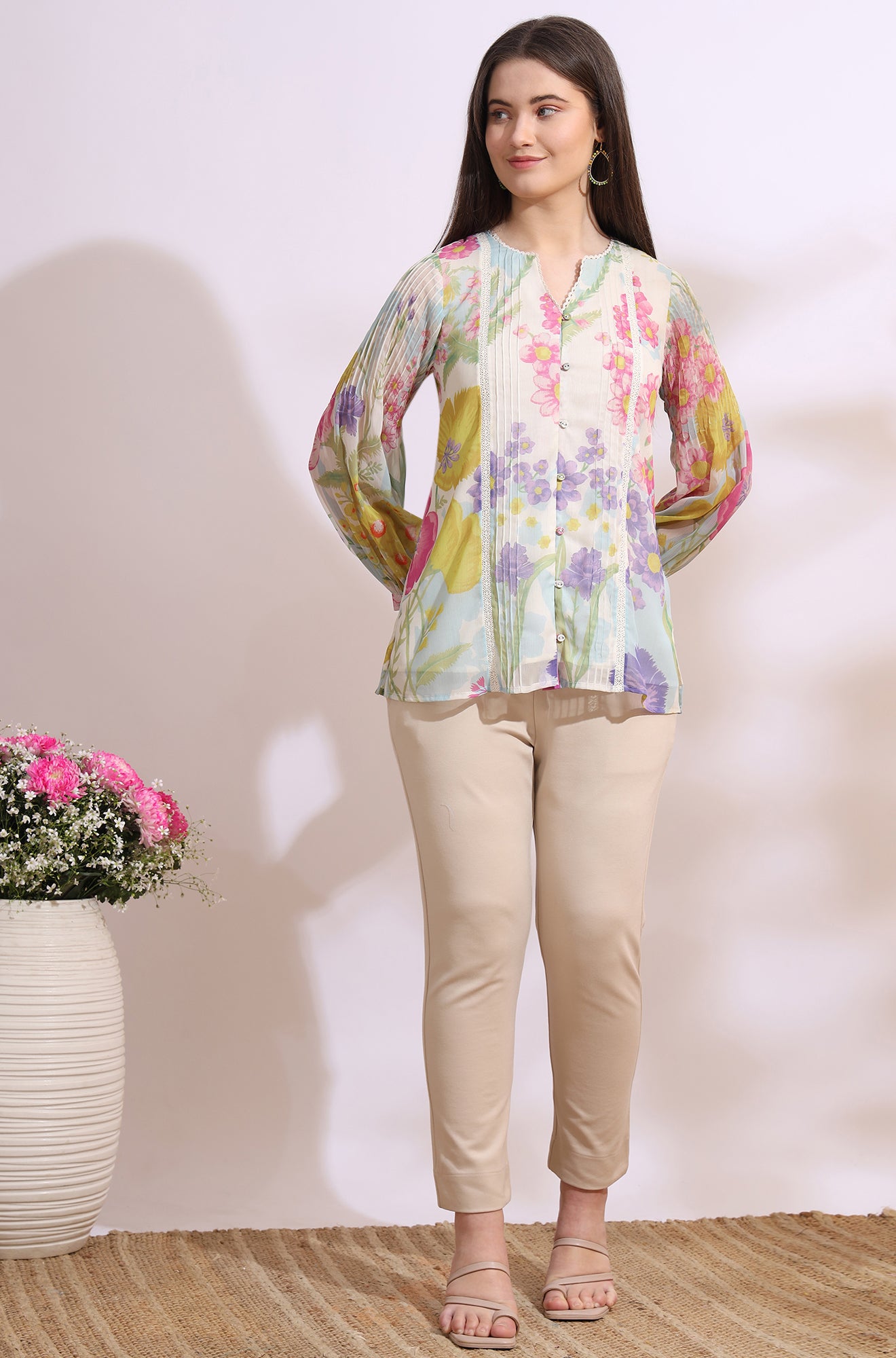 White Floral Printed Chiffon Top with Lace Work