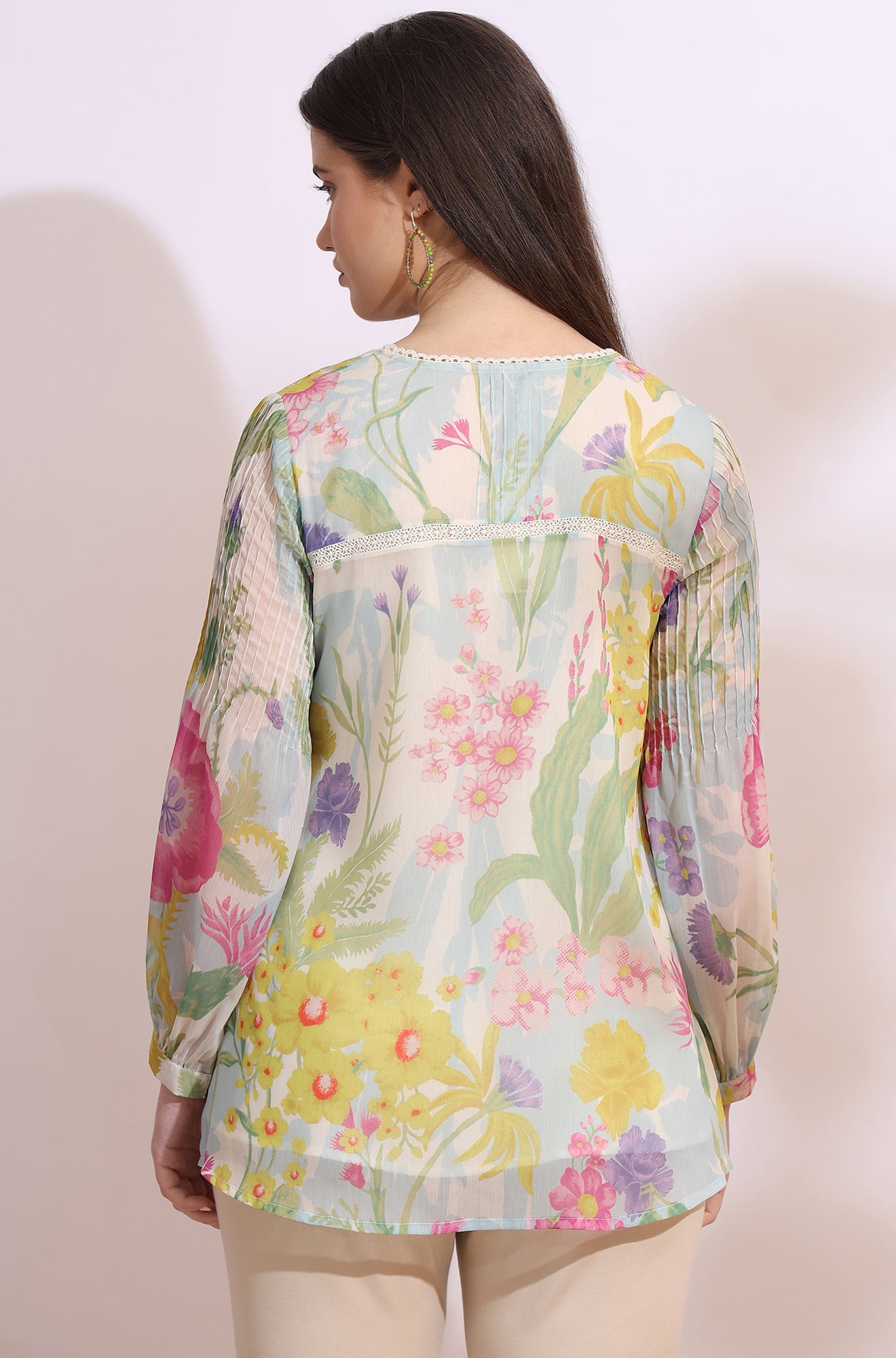 White Floral Printed Chiffon Top with Lace Work