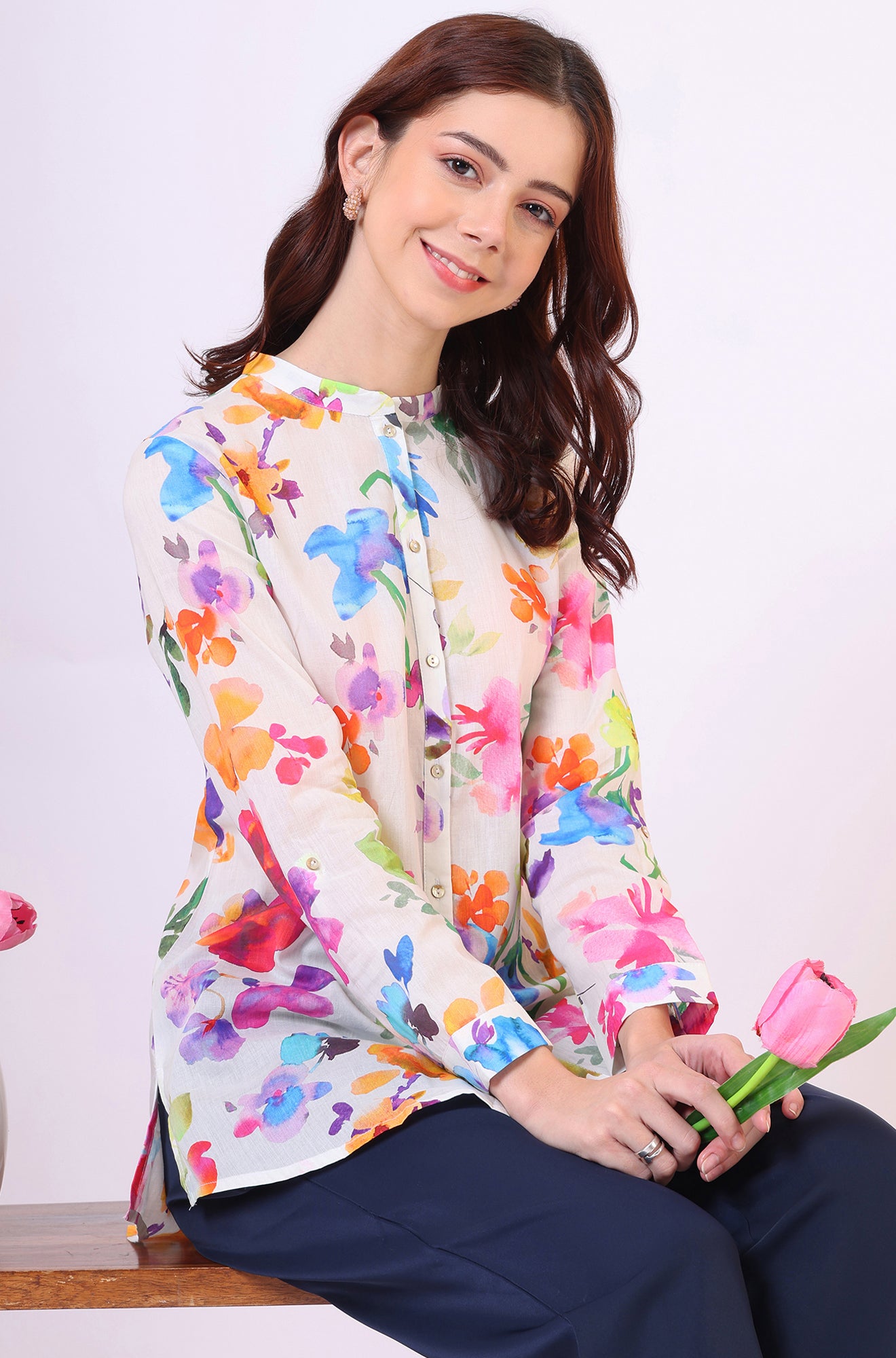 Multicolor Floral Printed Straight Pure Cotton Top