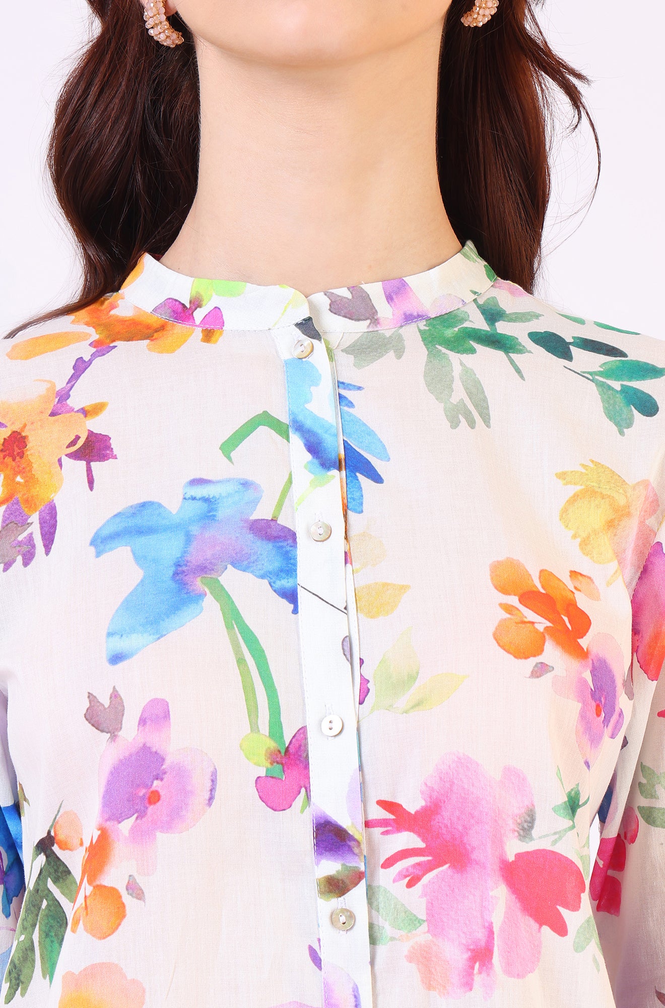 Multicolor Floral Printed Straight Pure Cotton Top