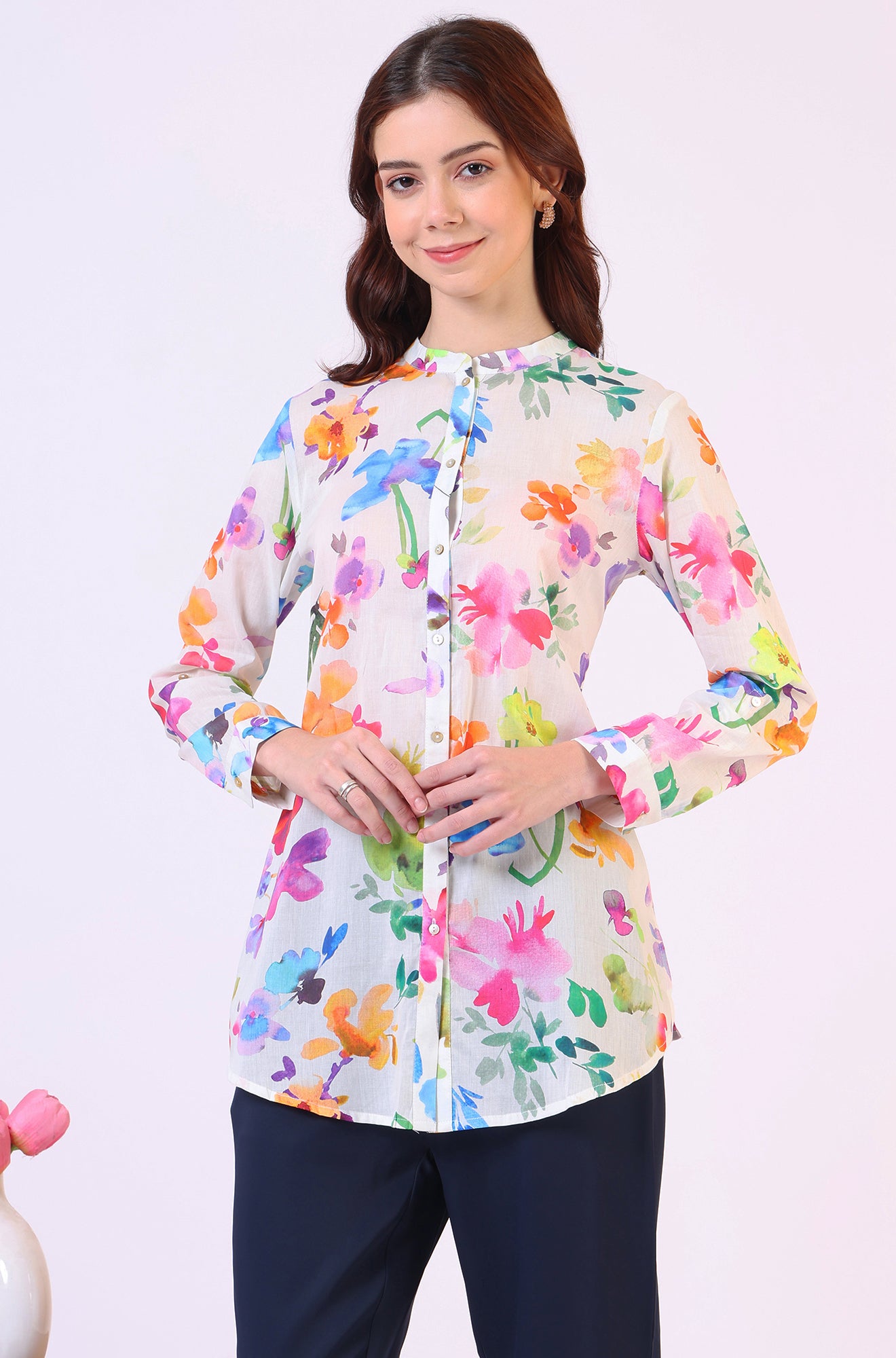 Multicolor Floral Printed Straight Pure Cotton Top