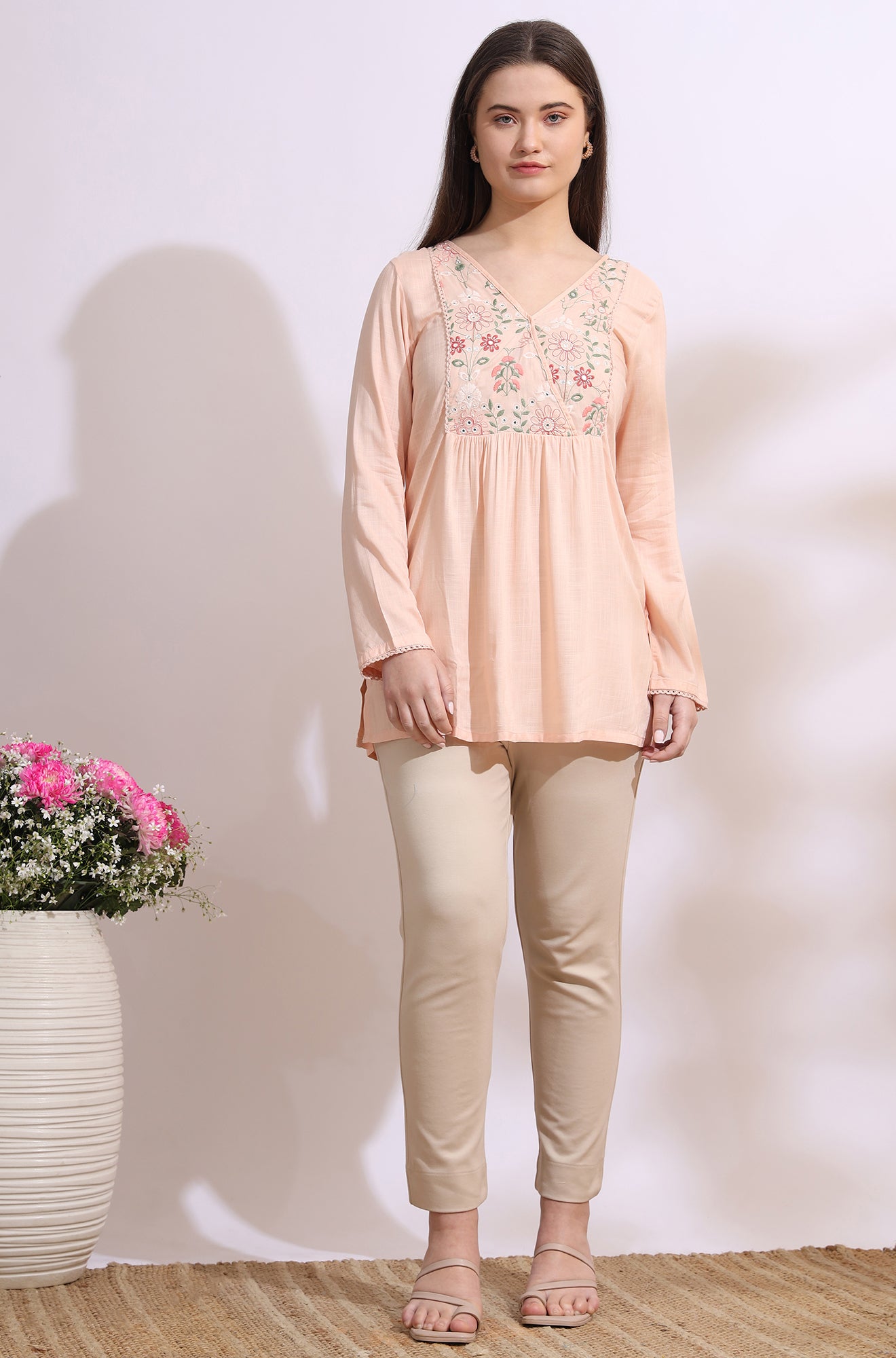 Pastel Pink Thread Embroidered Swiss Dot Ethnic Top