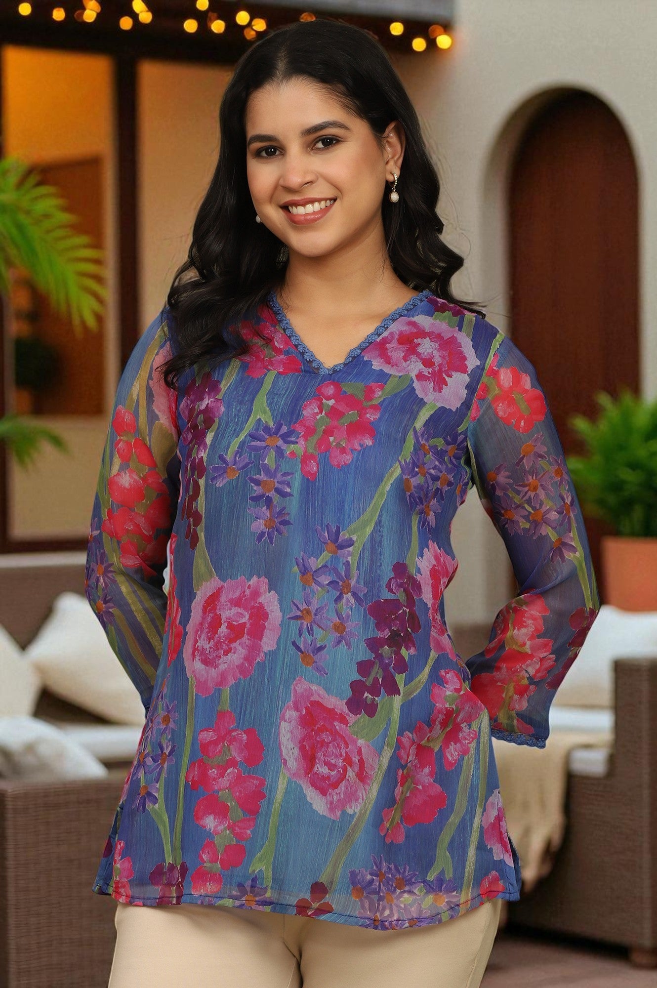 Buy Blue Floral Printed Chiffon Gathered Top Online for Woman