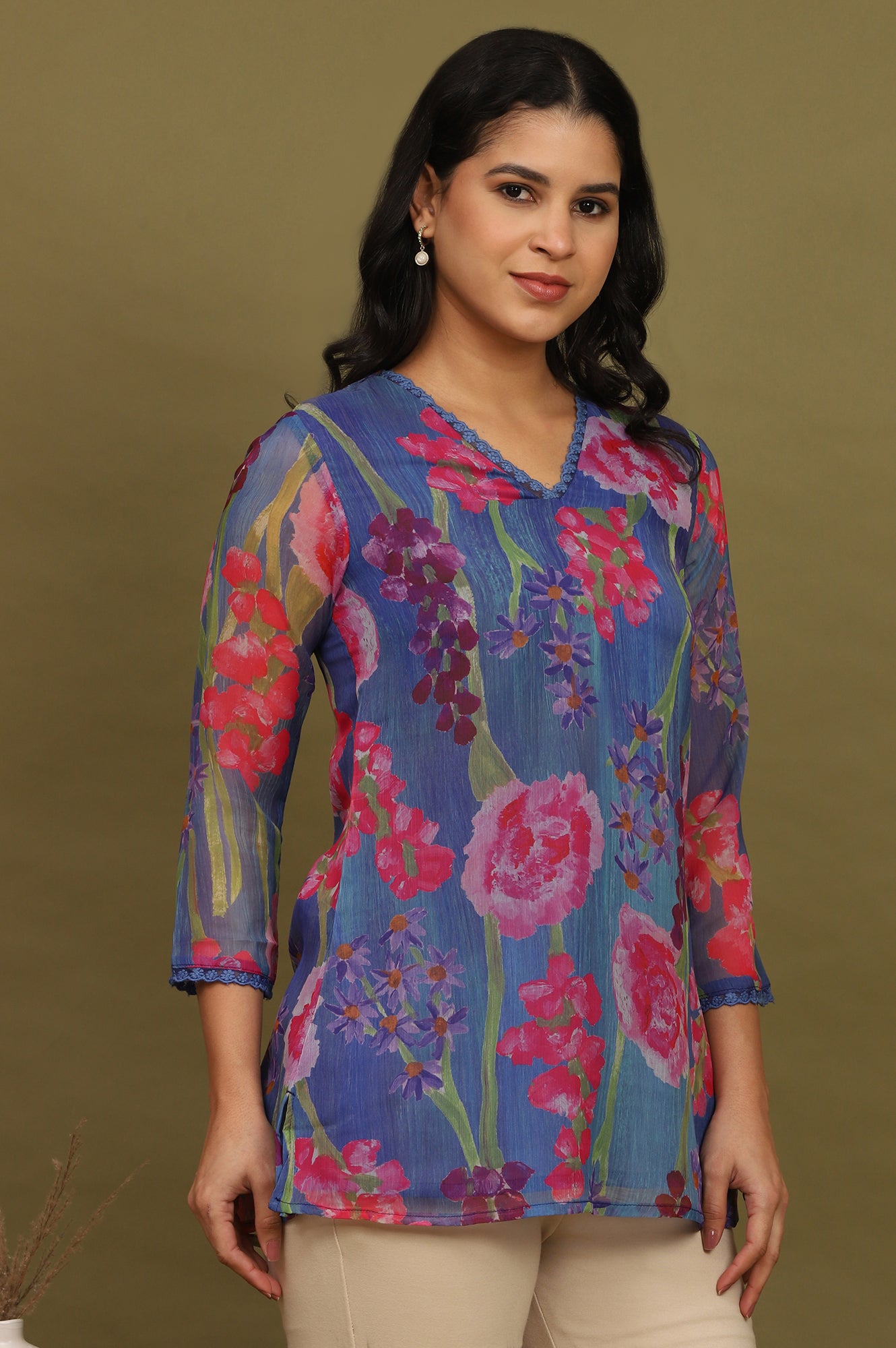 Blue Floral Printed Chiffon Gathered Top
