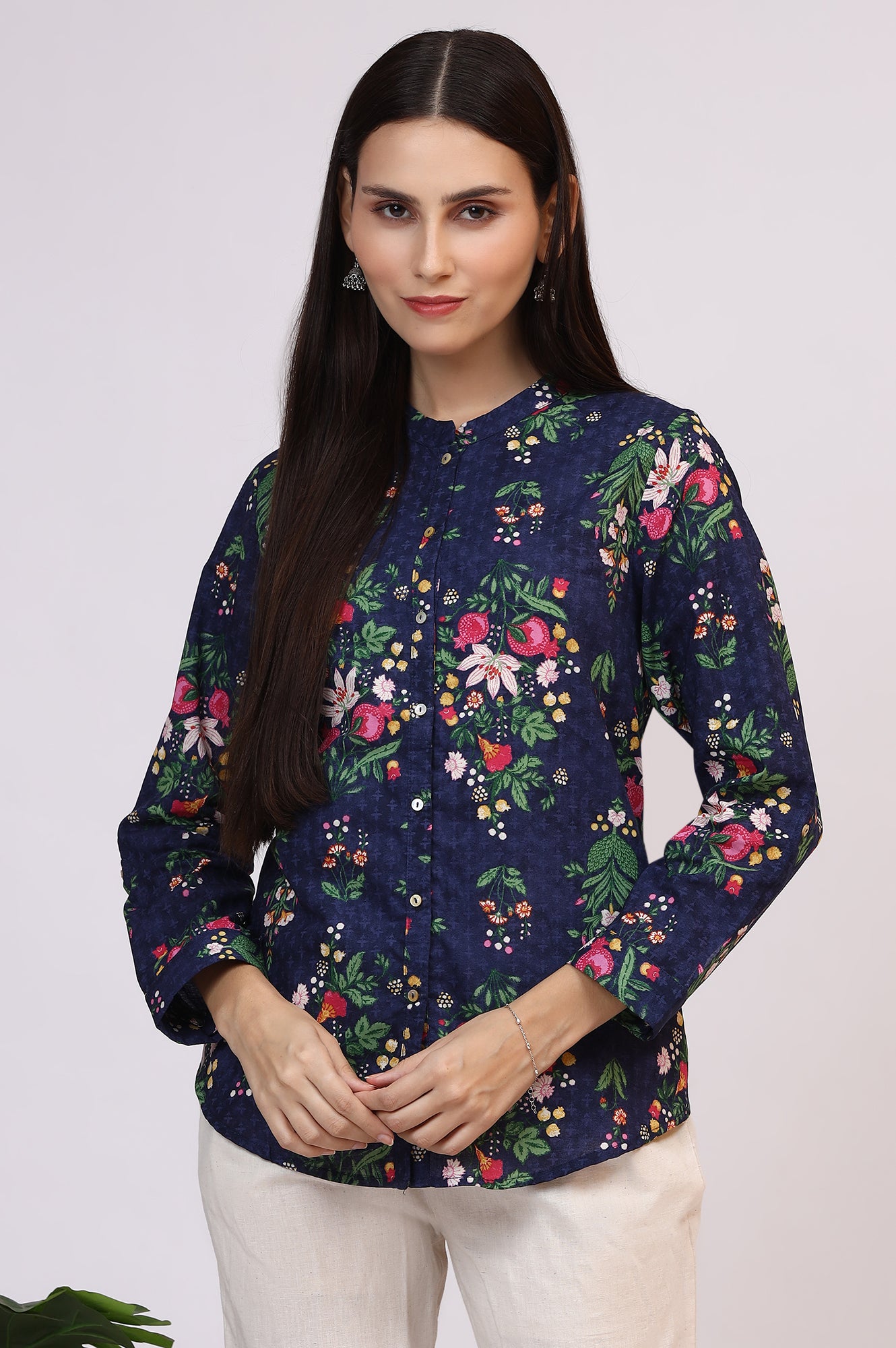 Navy Blue Floral Printed Pure Cotton Ethnic Shirt