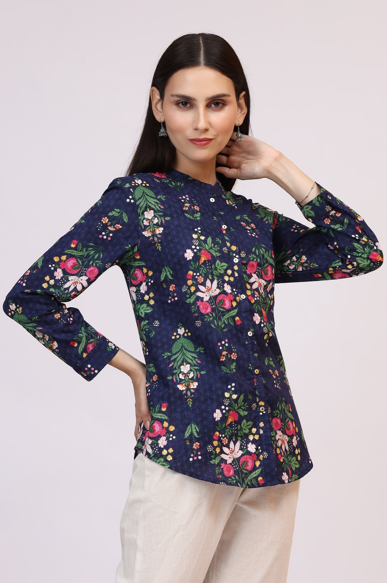 Navy Blue Floral Printed Pure Cotton Ethnic Shirt