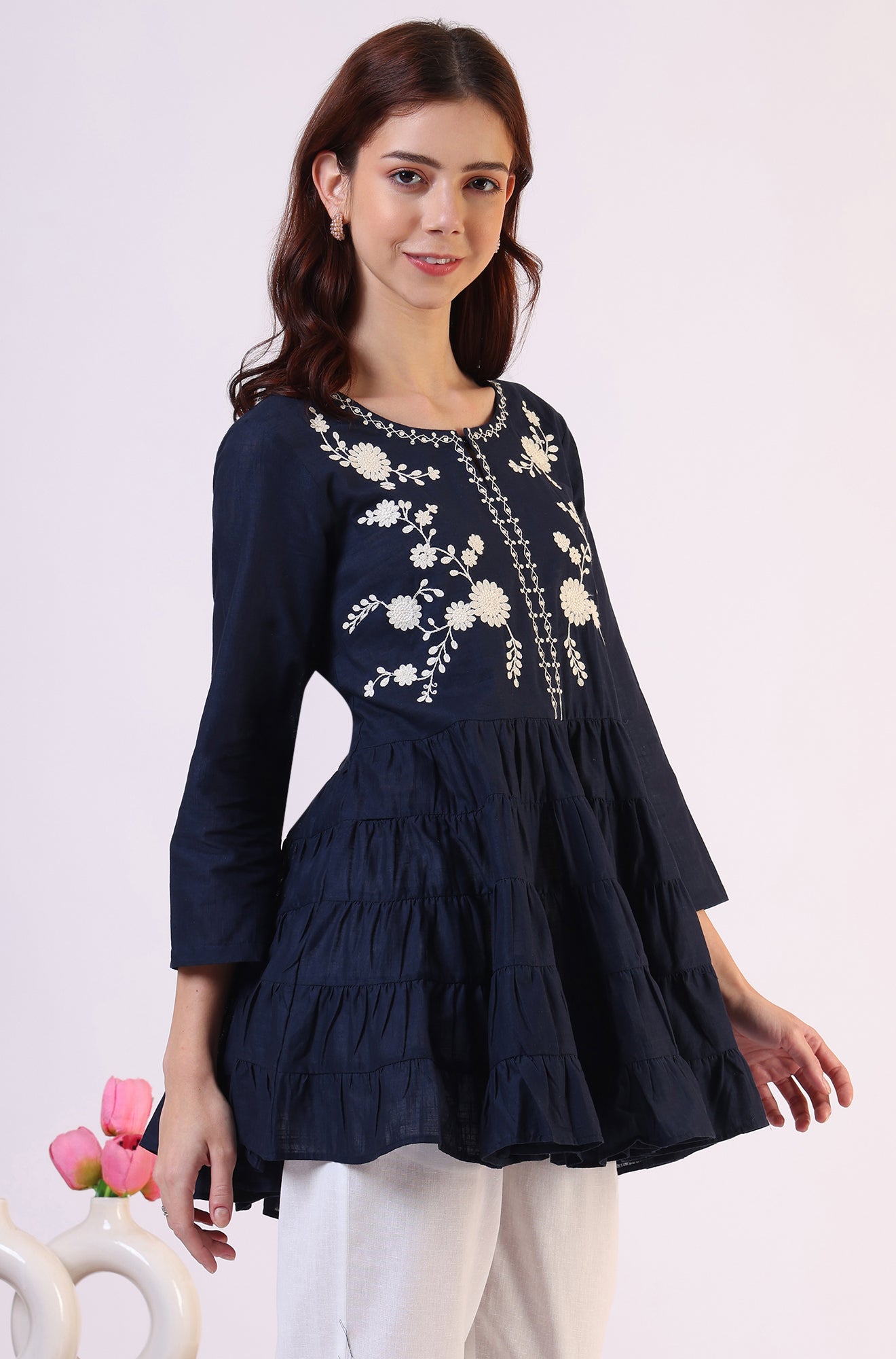 Embroidered Flared Pure Cotton Top