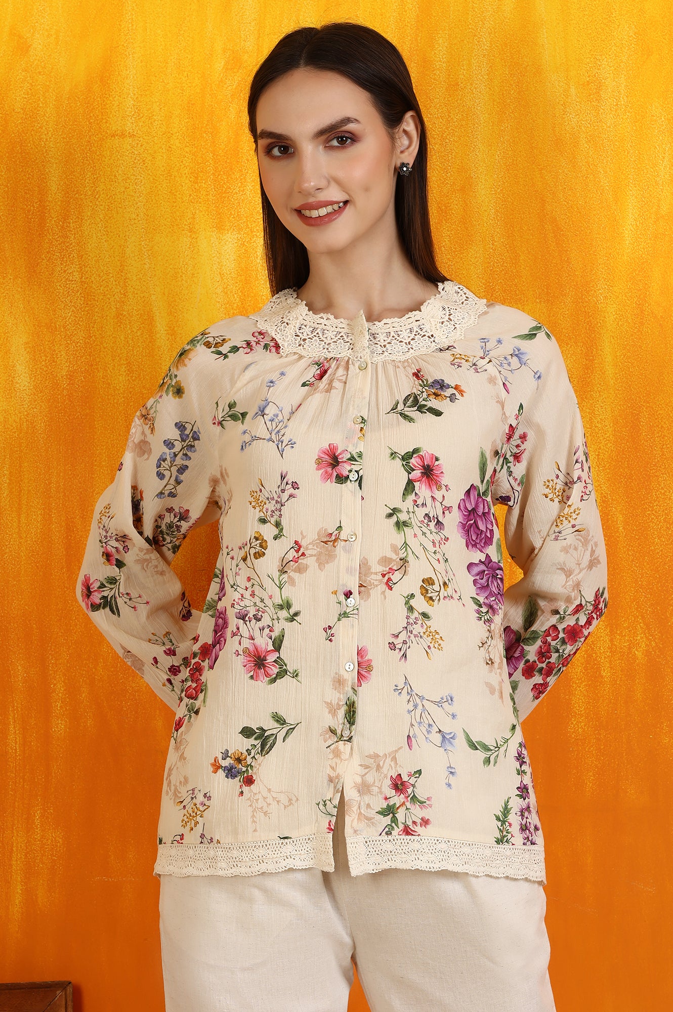 Off-White Floral Printed Cotton Crinkle Top with Lace